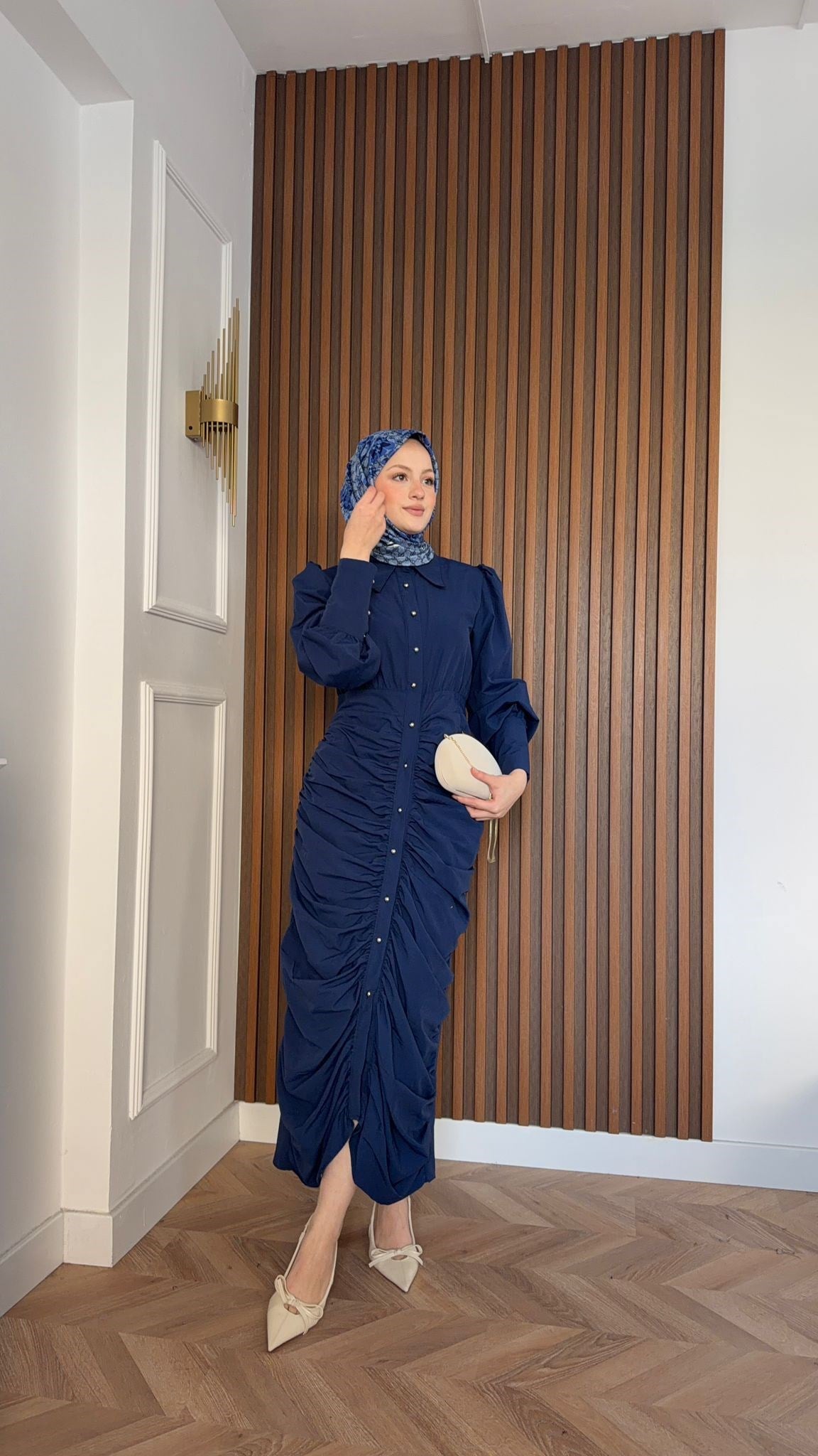 MEYSADESIGN ELBİSELER Retro Büzgülü Elbise Lacivert