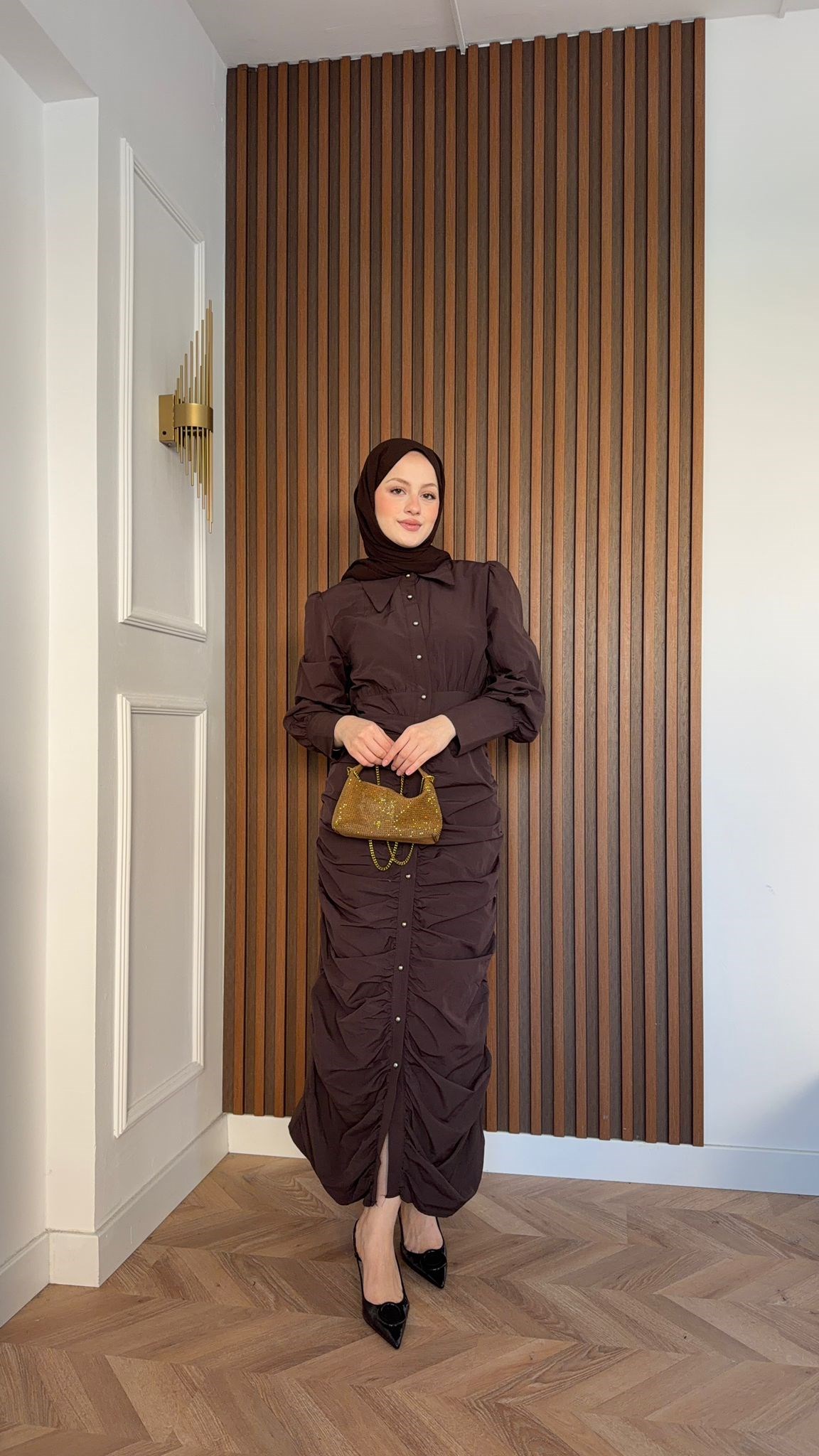 MEYSADESIGN ELBİSELER Retro Büzgülü Elbise Acı Kahve