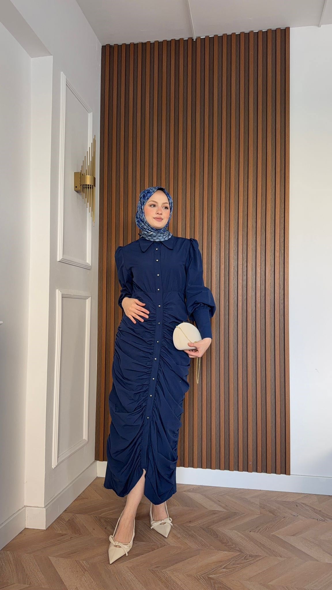MEYSADESIGN ELBİSELER Retro Büzgülü Elbise Lacivert