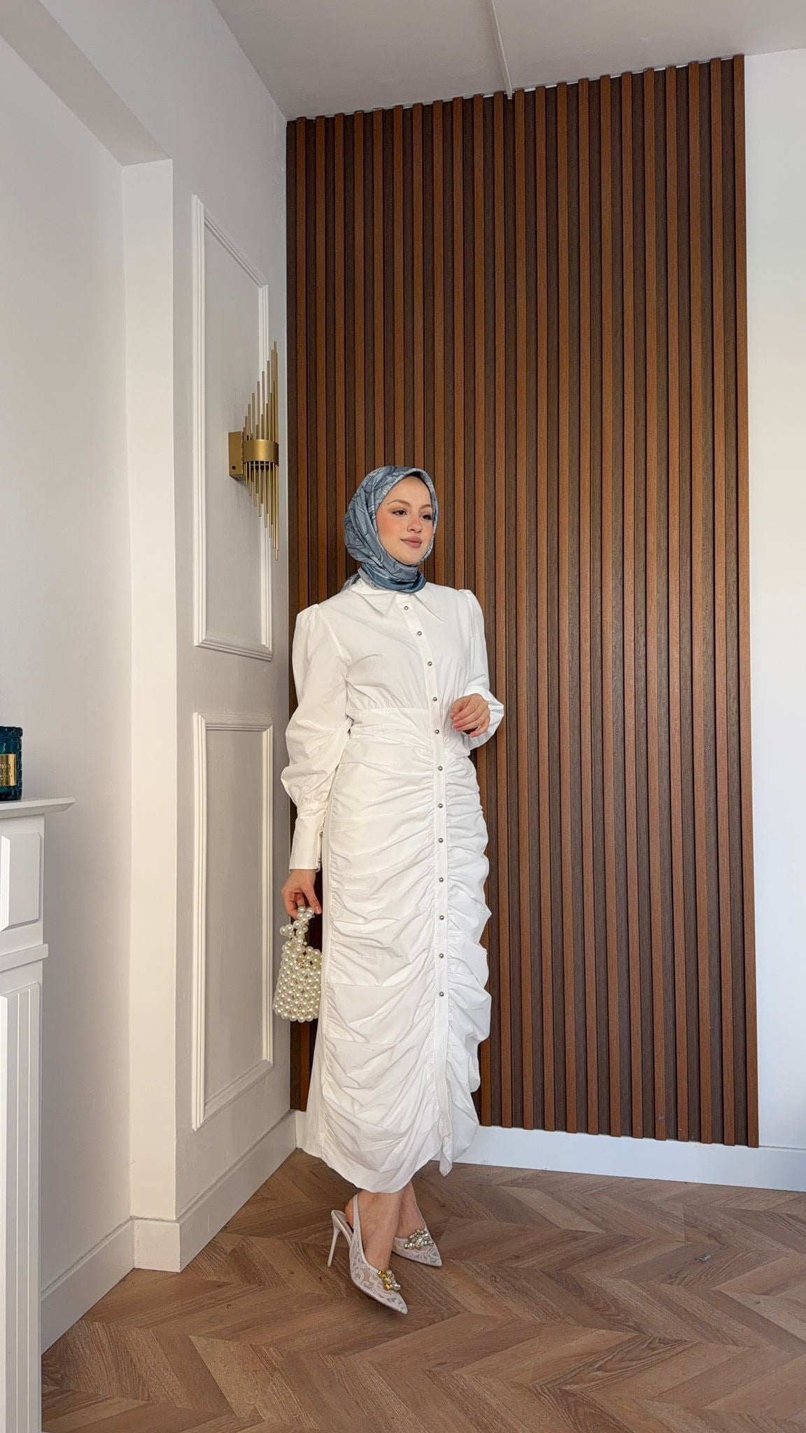 MEYSADESIGN ELBİSELER Retro Büzgülü Elbise Beyaz