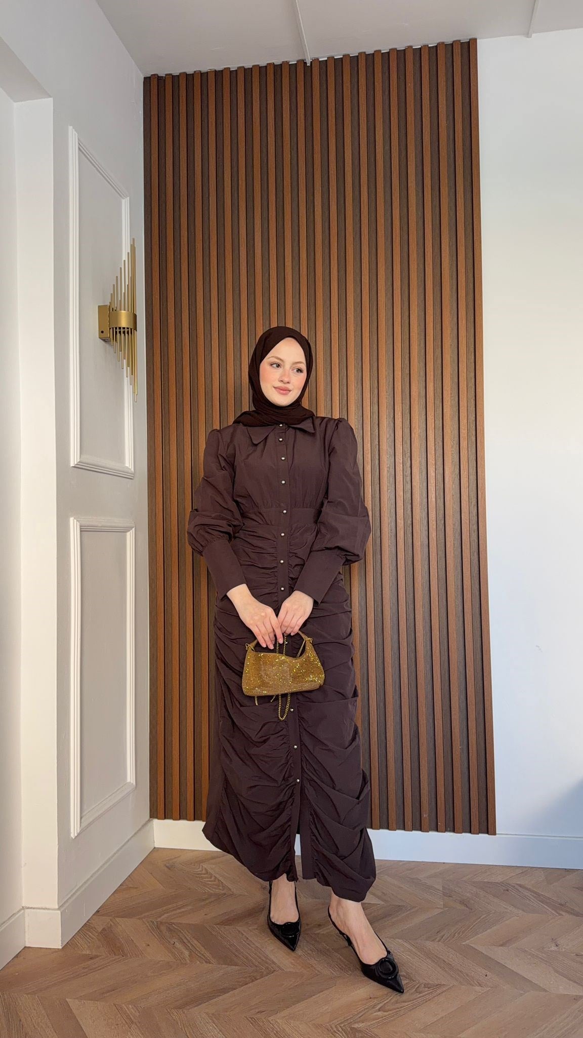 MEYSADESIGN ELBİSELER Retro Büzgülü Elbise Acı Kahve