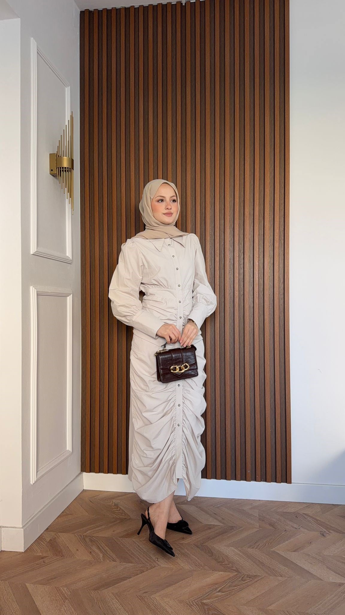 MEYSADESIGN ELBİSELER Retro Büzgülü Elbise Krem