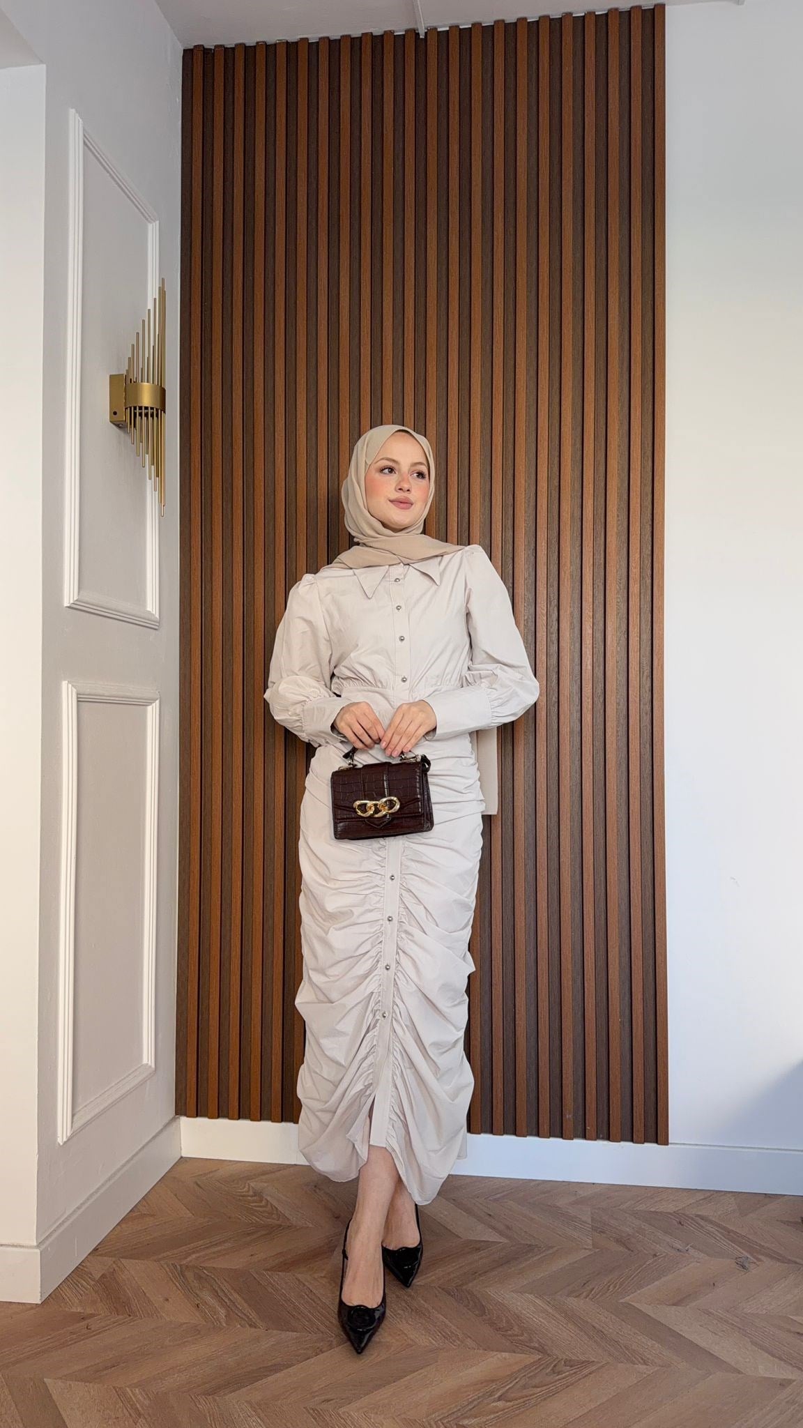 MEYSADESIGN ELBİSELER Retro Büzgülü Elbise Krem