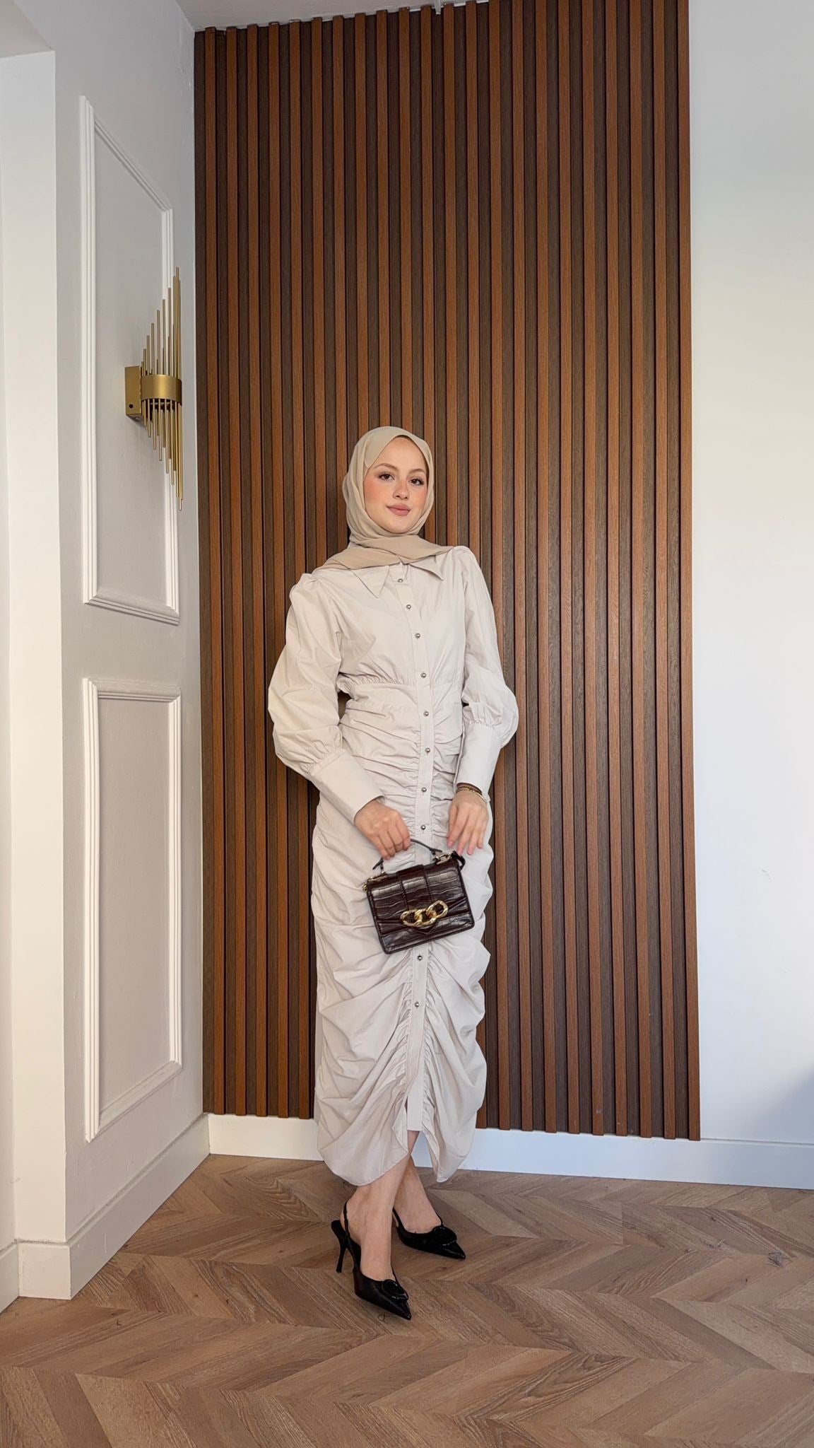 MEYSADESIGN ELBİSELER Retro Büzgülü Elbise Krem