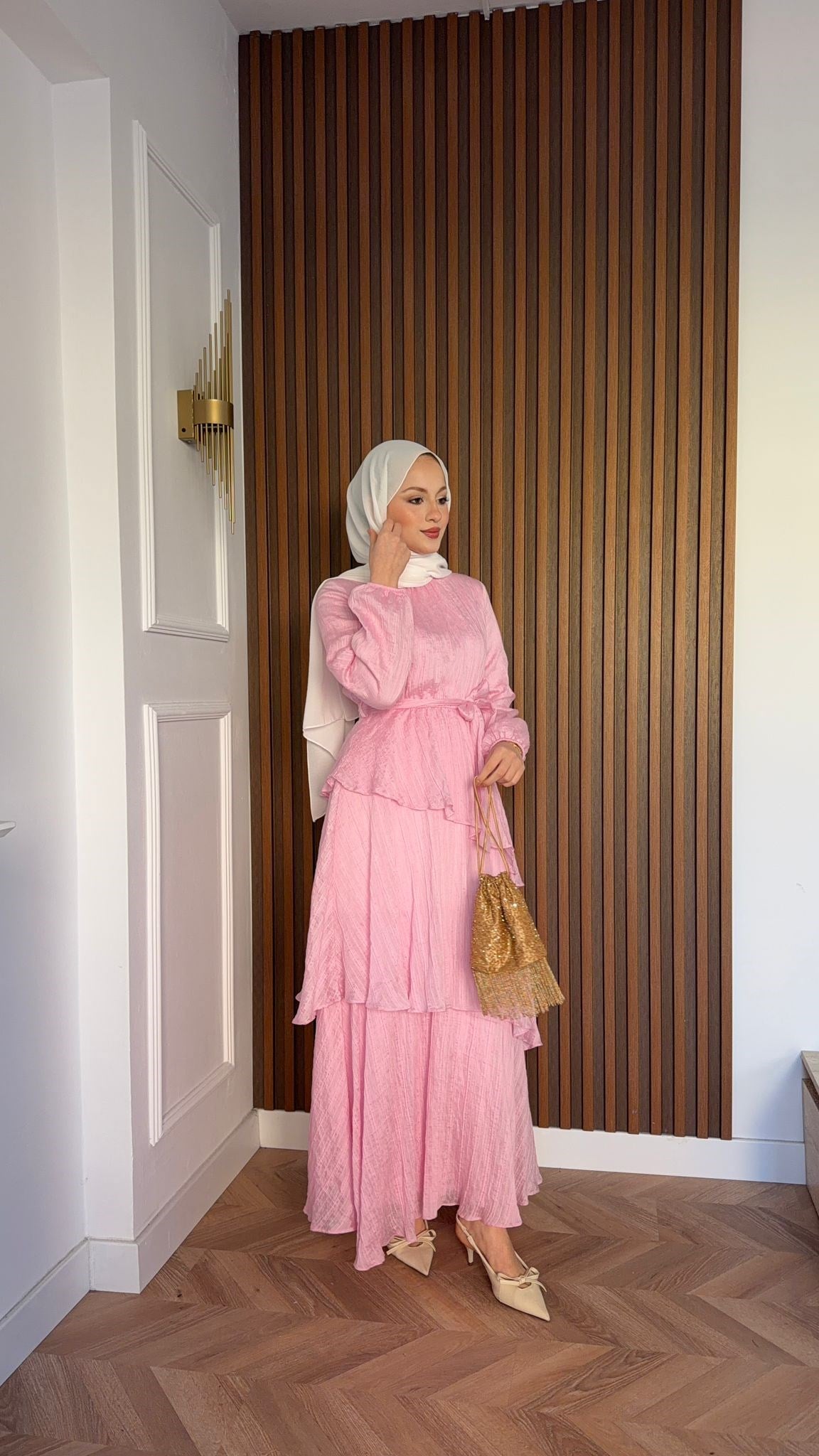 MEYSADESIGN ELBİSELER Rio Kat Kat Vual Elbise Pembe