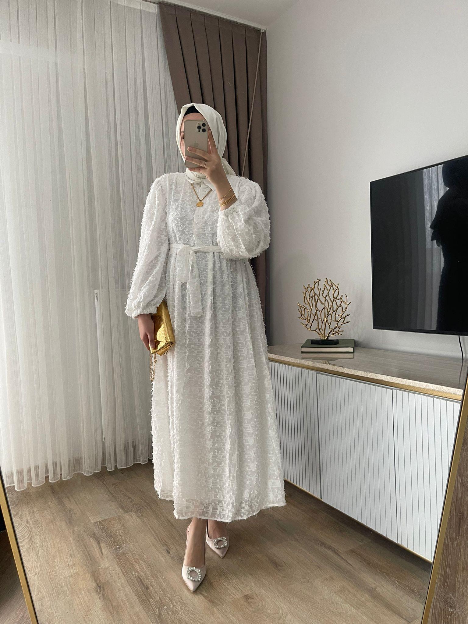 MEYSADESIGN ELBİSELER Saçaklı Şifon Elbise Beyaz