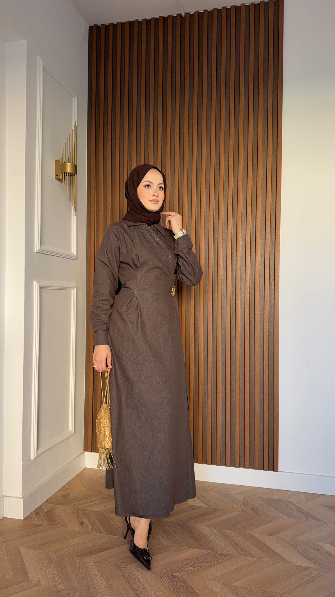 MEYSADESIGN DRESSES Sare Gül Broşlu Elbise Acı Kahve