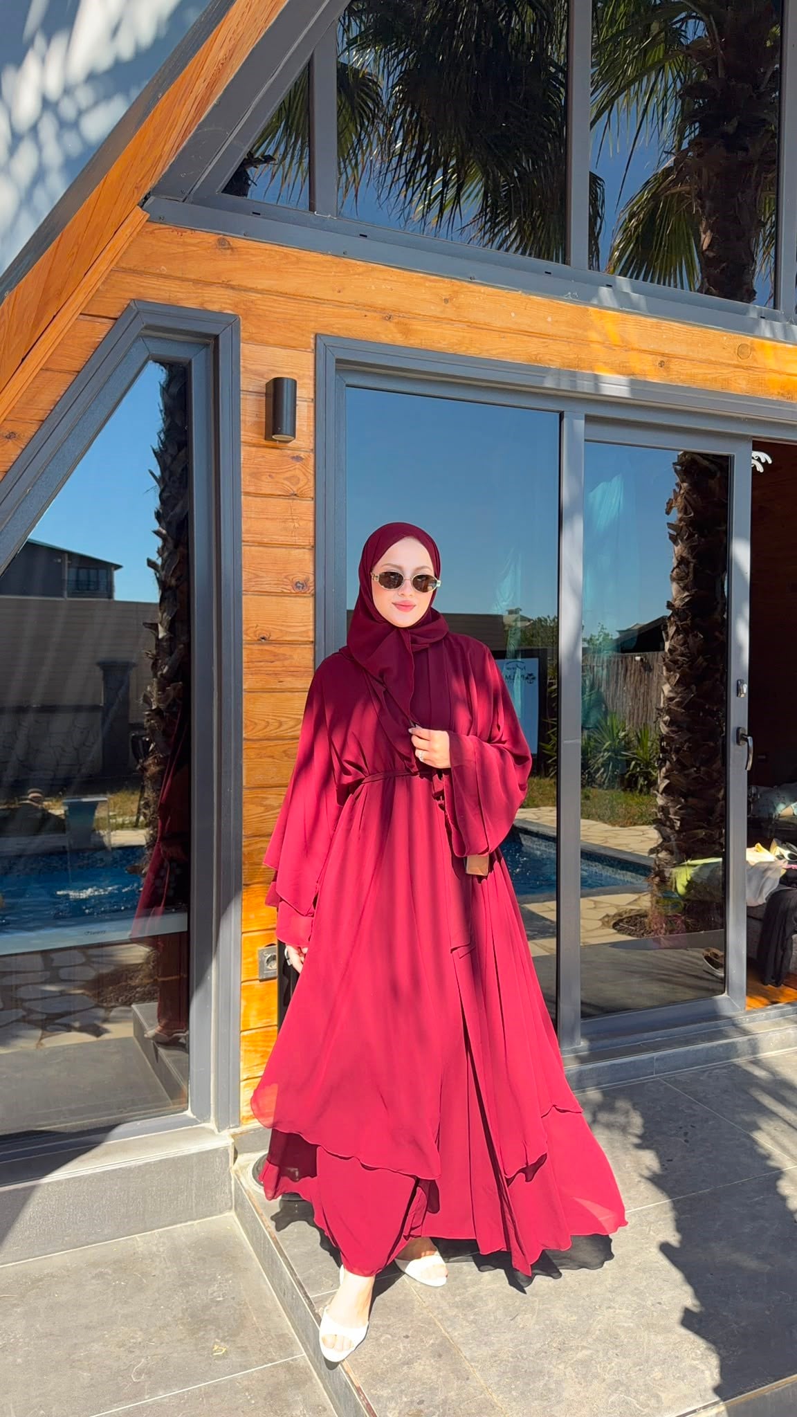 MEYSADESIGN ELBİSELER Sare Üç Parçalı Abaya Bordo