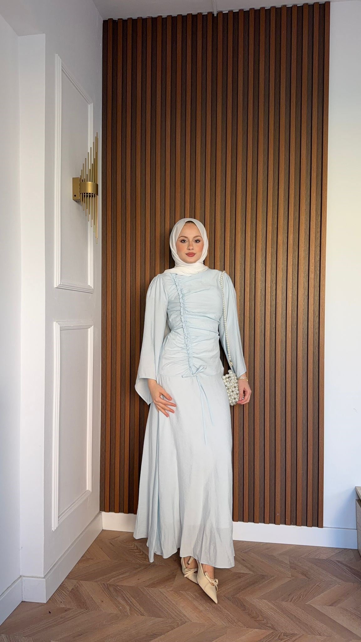 MEYSADESIGN ELBİSELER Selvi Büzgülü Tensel Elbise Bebe Mavisi