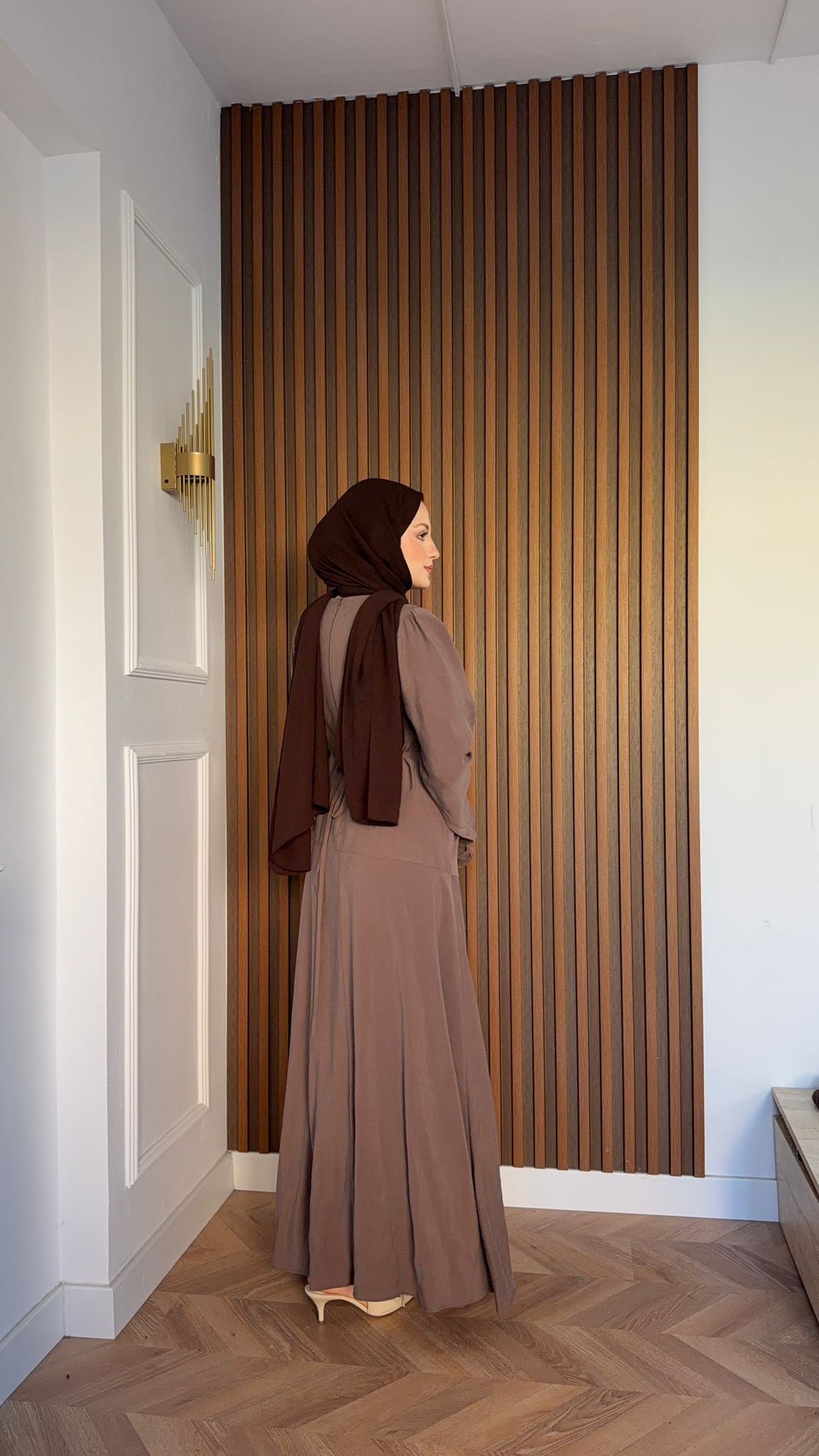MEYSADESIGN ELBİSELER Selvi Büzgülü Tensel Elbise Acı Kahve