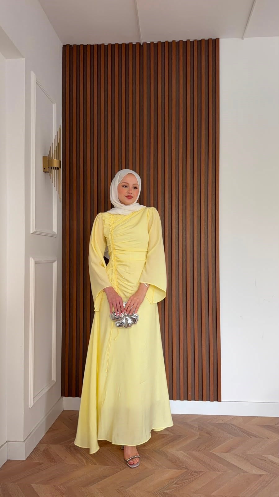 MEYSADESIGN ELBİSELER Selvi Büzgülü Tensel Elbise Sarı