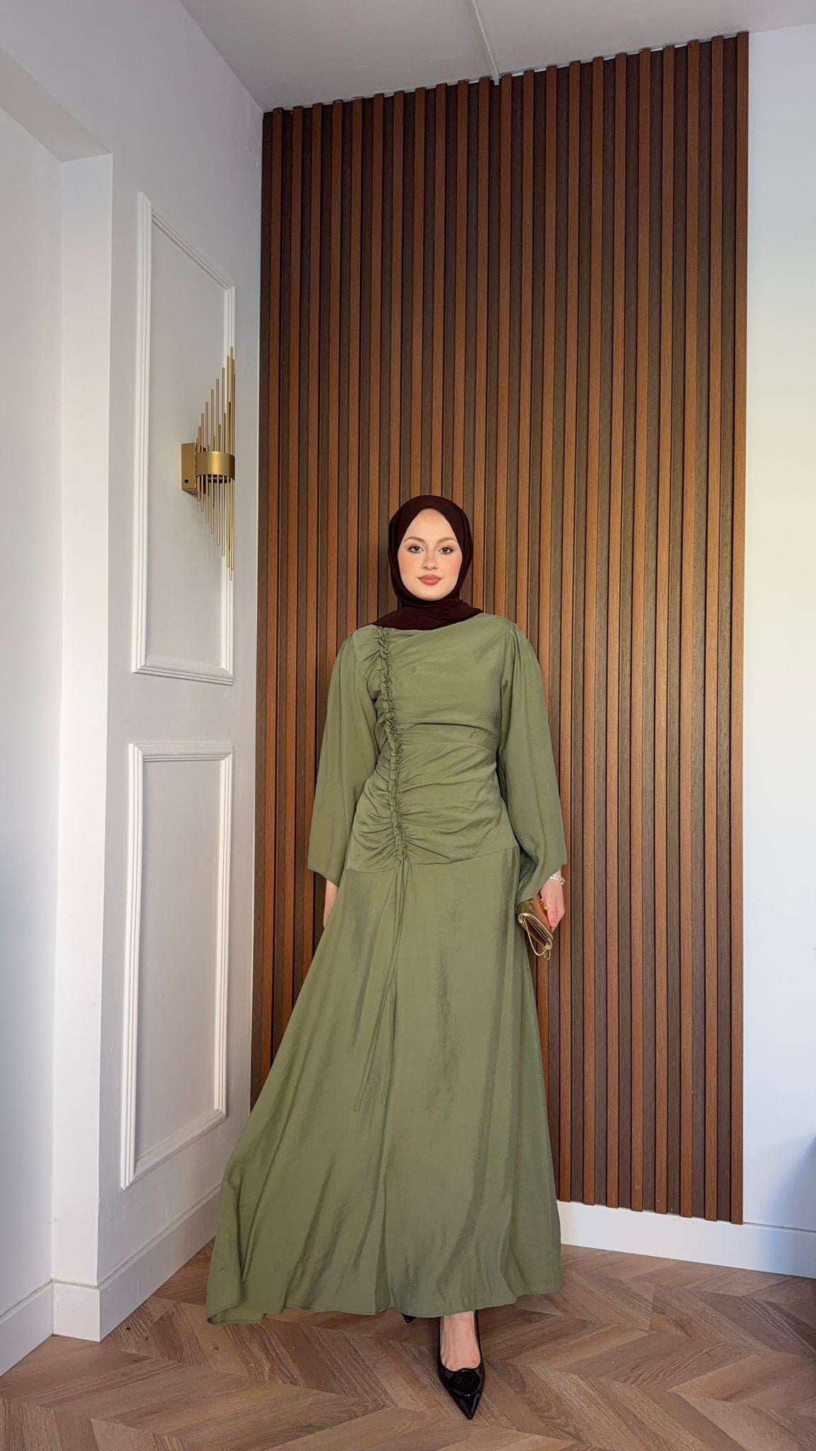 MEYSADESIGN DRESSES Selvi Büzgülü Tensel Elbise Haki