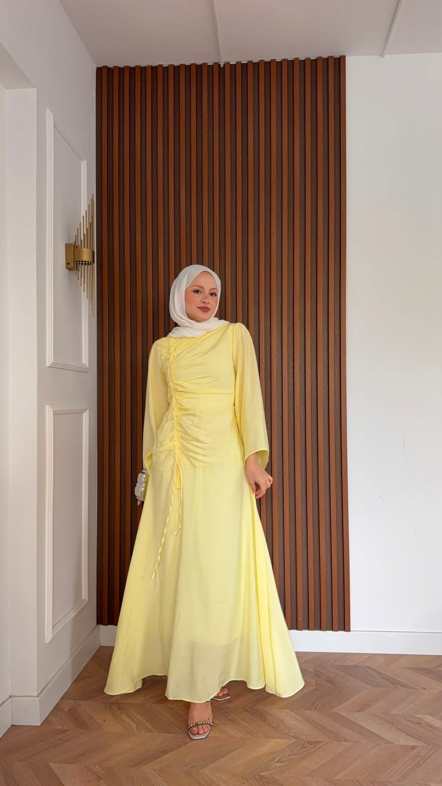 MEYSADESIGN ELBİSELER Selvi Büzgülü Tensel Elbise Sarı