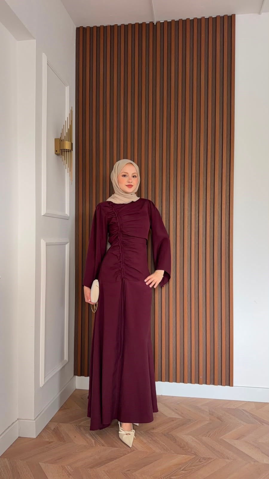 MEYSADESIGN ELBİSELER Selvi Büzgülü Tensel Elbise Bordo