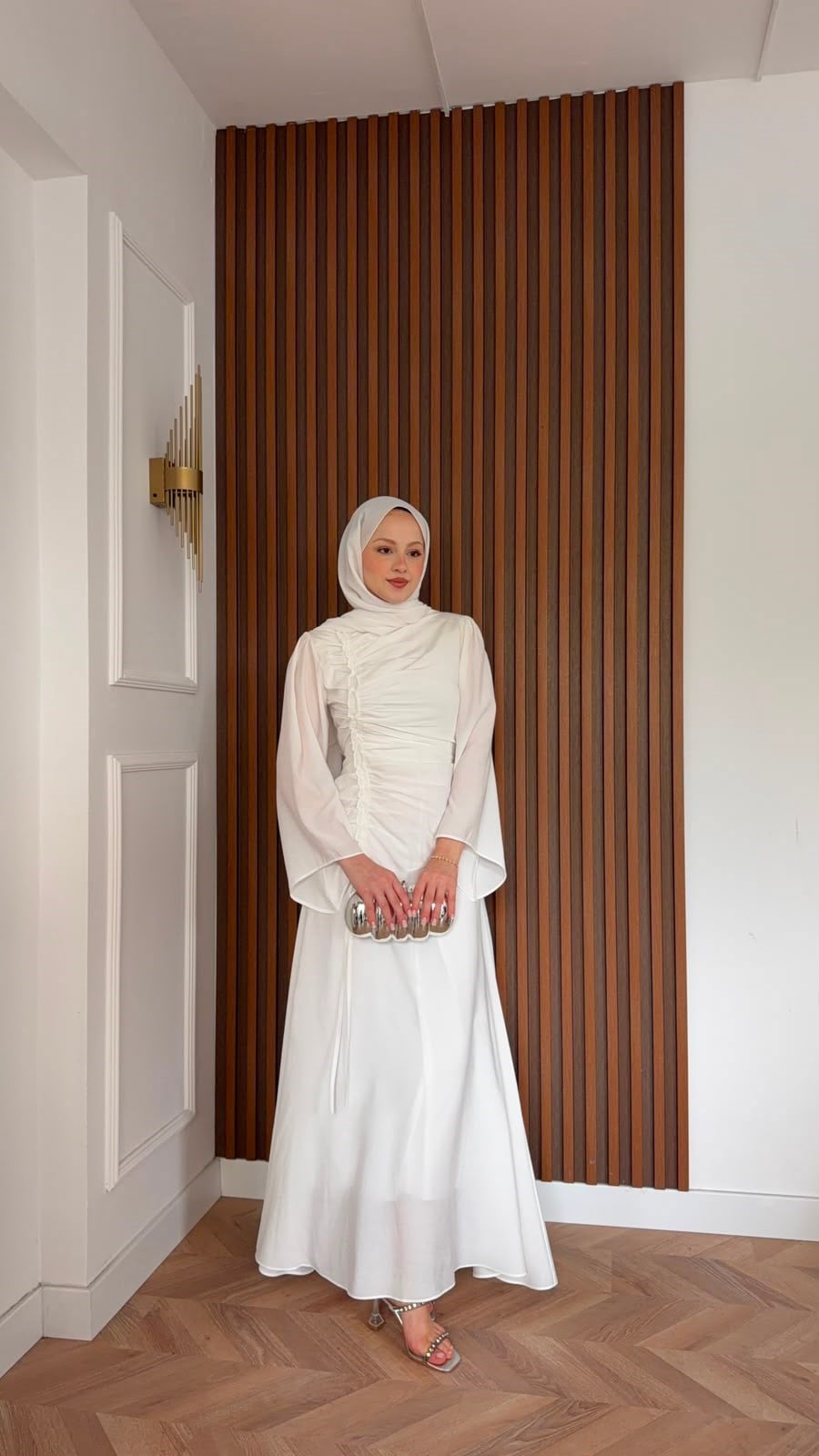 MEYSADESIGN ELBİSELER Selvi Büzgülü Tensel Elbise Beyaz