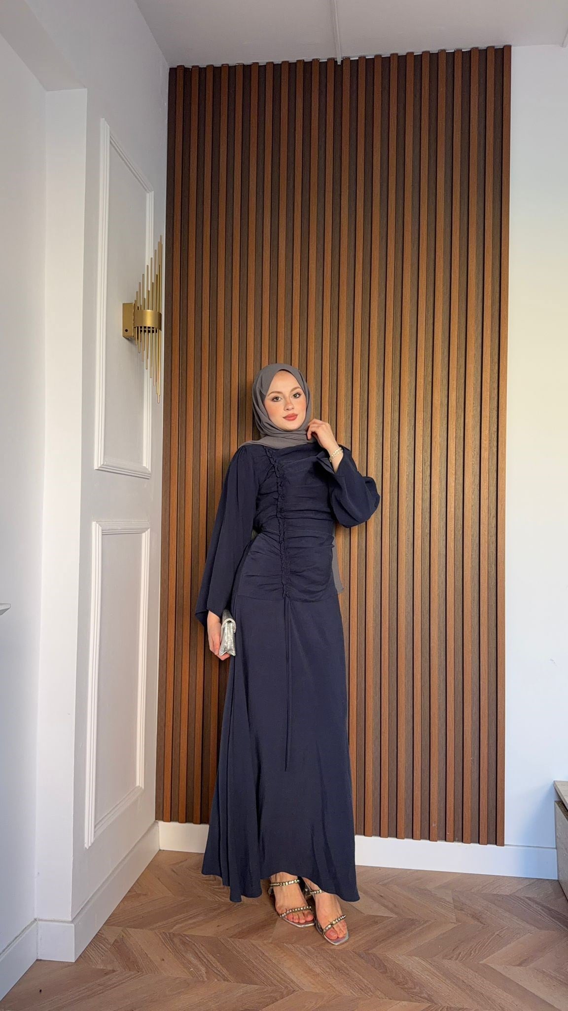 MEYSADESIGN ELBİSELER Selvi Büzgülü Tensel Elbise Lacivert