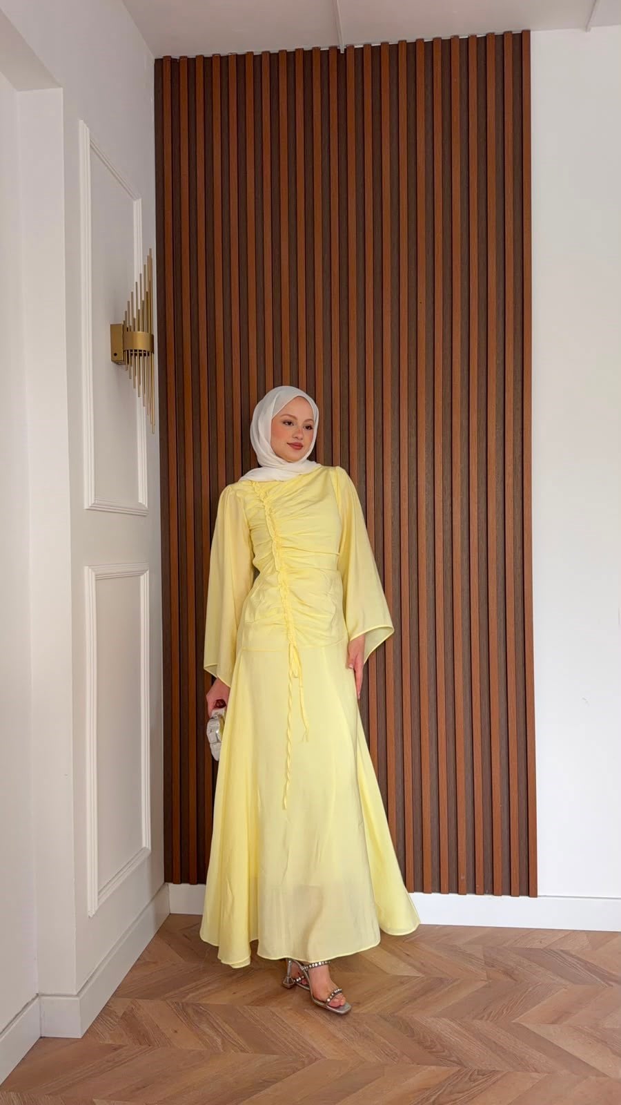MEYSADESIGN ELBİSELER Selvi Büzgülü Tensel Elbise Sarı