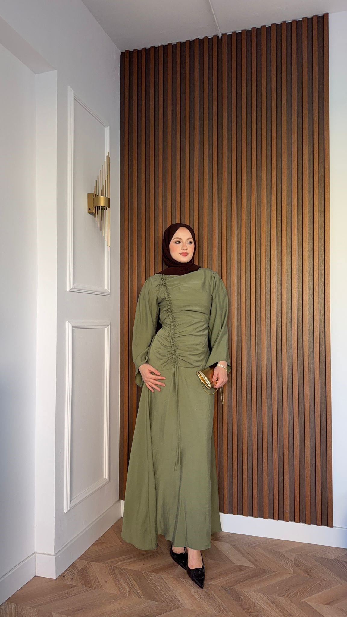MEYSADESIGN DRESSES Selvi Büzgülü Tensel Elbise Haki