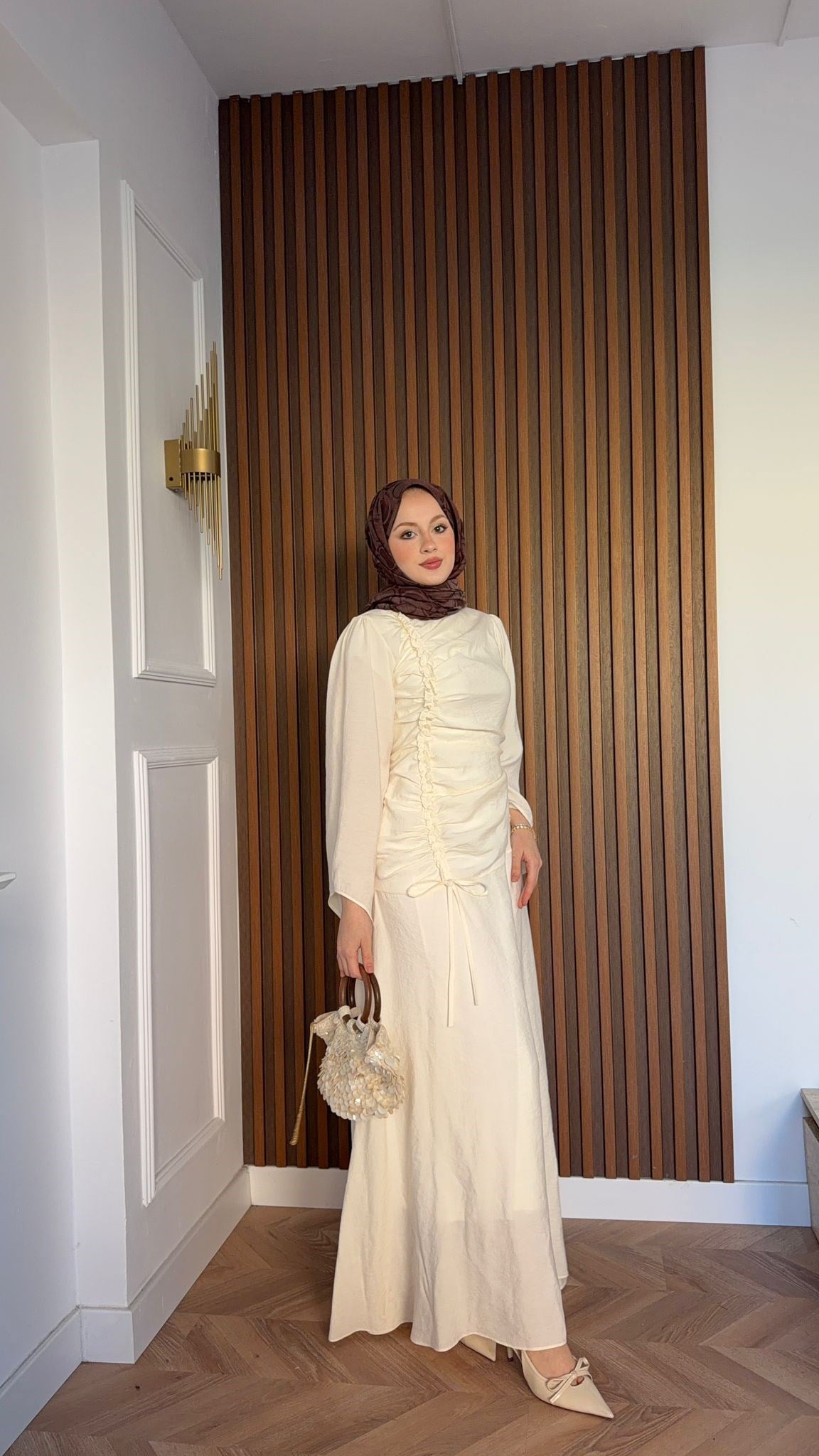 MEYSADESIGN DRESSES Selvi Büzgülü Tensel Elbise Ekru