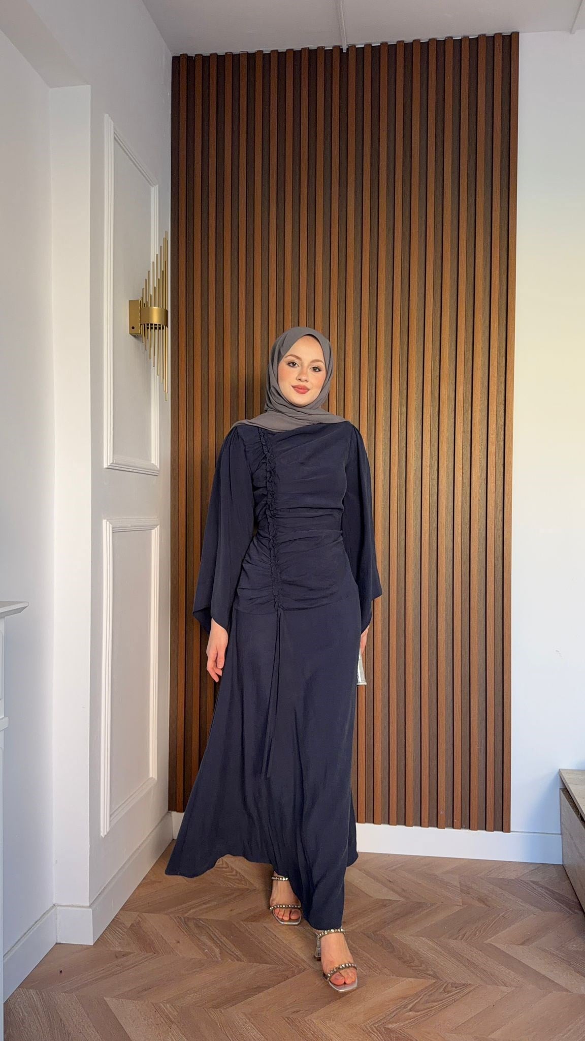 MEYSADESIGN ELBİSELER Selvi Büzgülü Tensel Elbise Lacivert