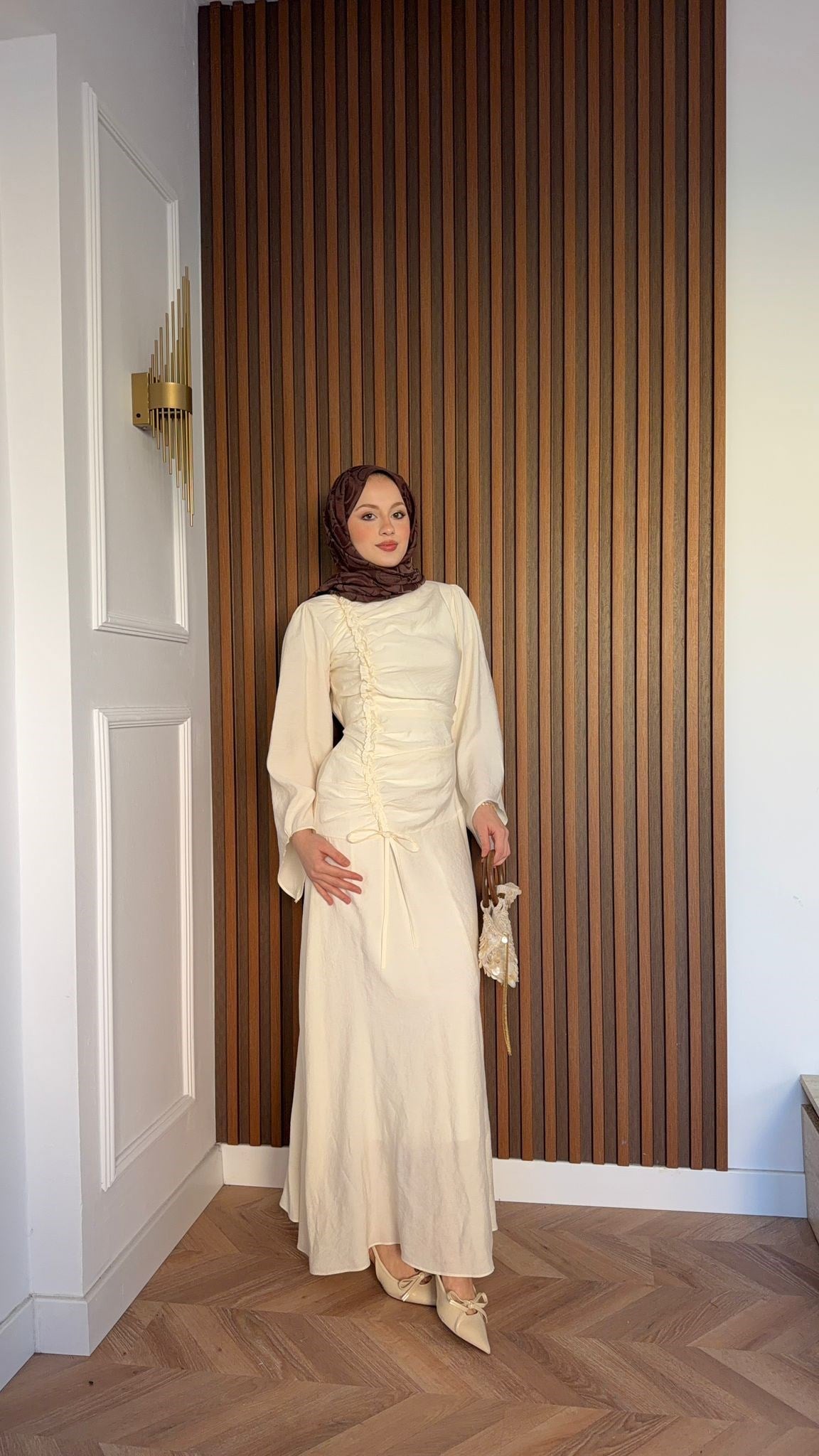 MEYSADESIGN DRESSES Selvi Büzgülü Tensel Elbise Ekru