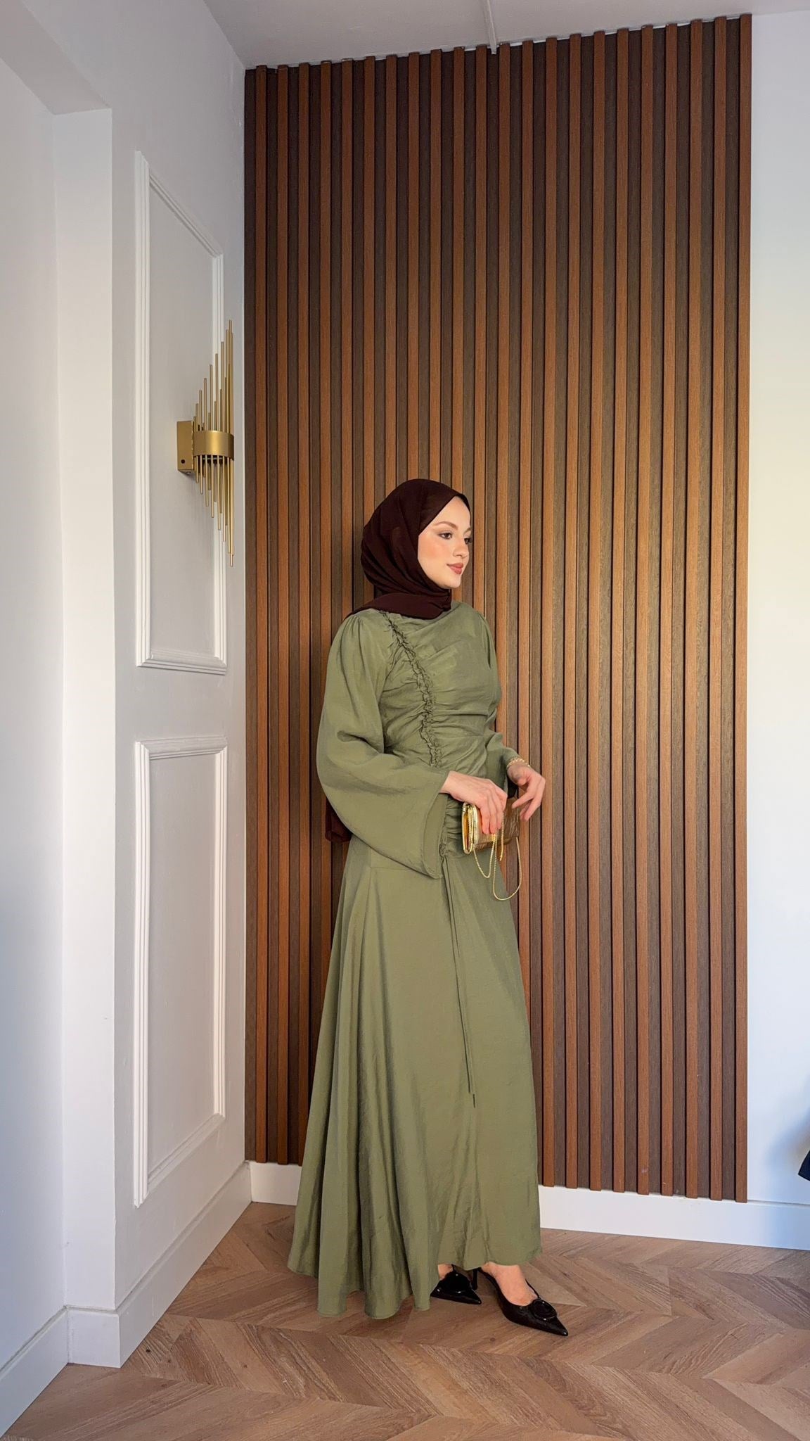 MEYSADESIGN DRESSES Selvi Büzgülü Tensel Elbise Haki
