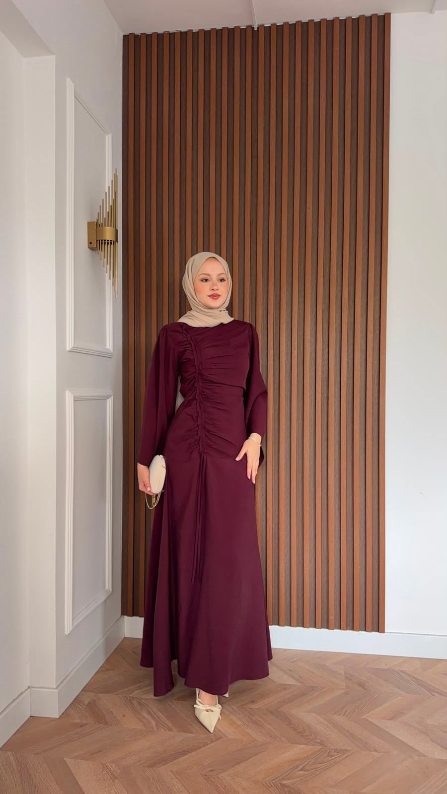 MEYSADESIGN ELBİSELER Selvi Büzgülü Tensel Elbise Bordo