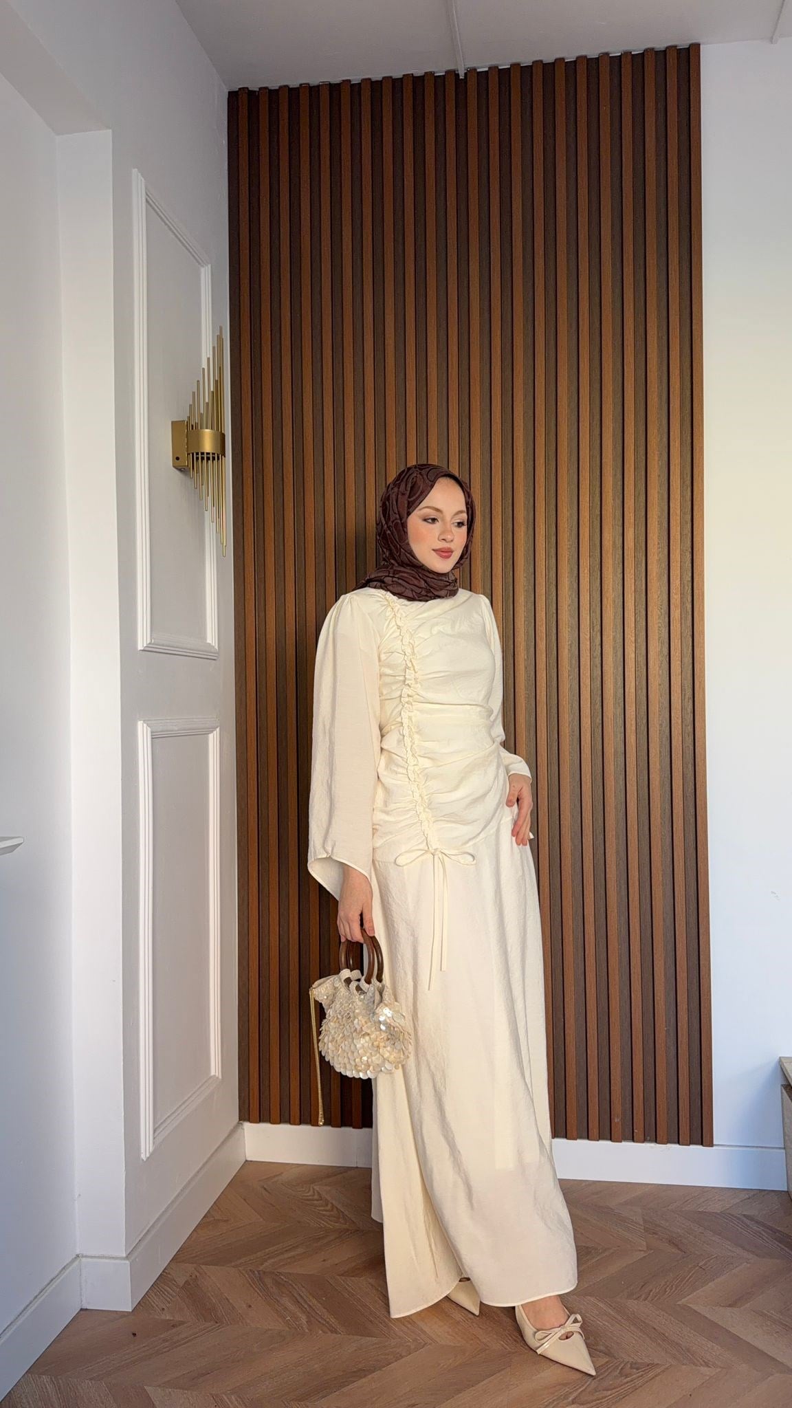 MEYSADESIGN DRESSES Selvi Büzgülü Tensel Elbise Ekru