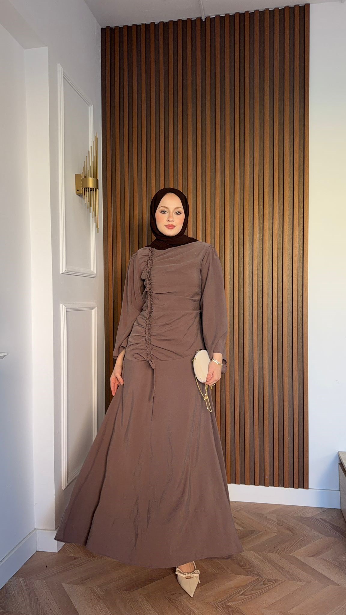 MEYSADESIGN ELBİSELER Selvi Büzgülü Tensel Elbise Acı Kahve
