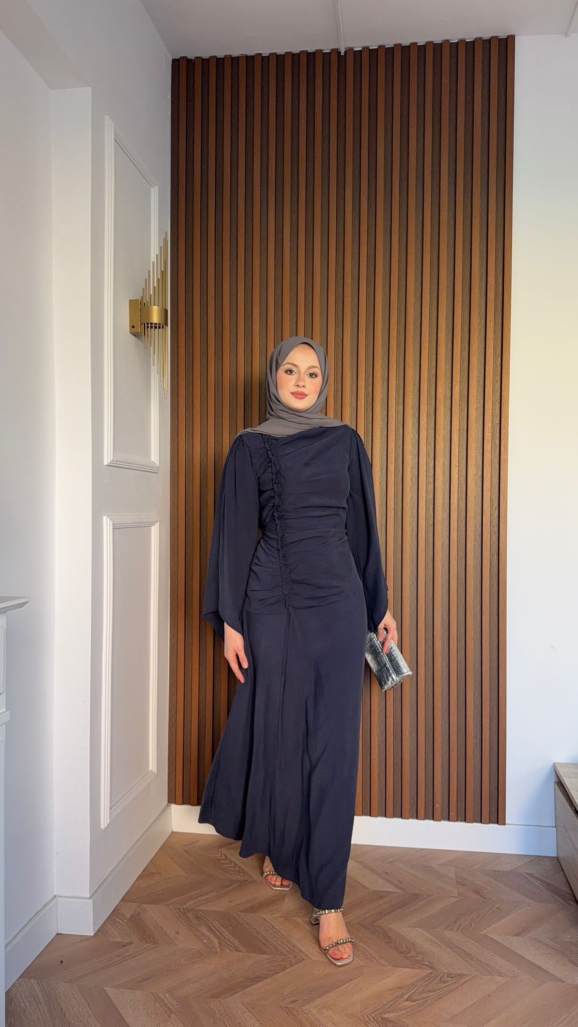 MEYSADESIGN ELBİSELER Selvi Büzgülü Tensel Elbise Lacivert