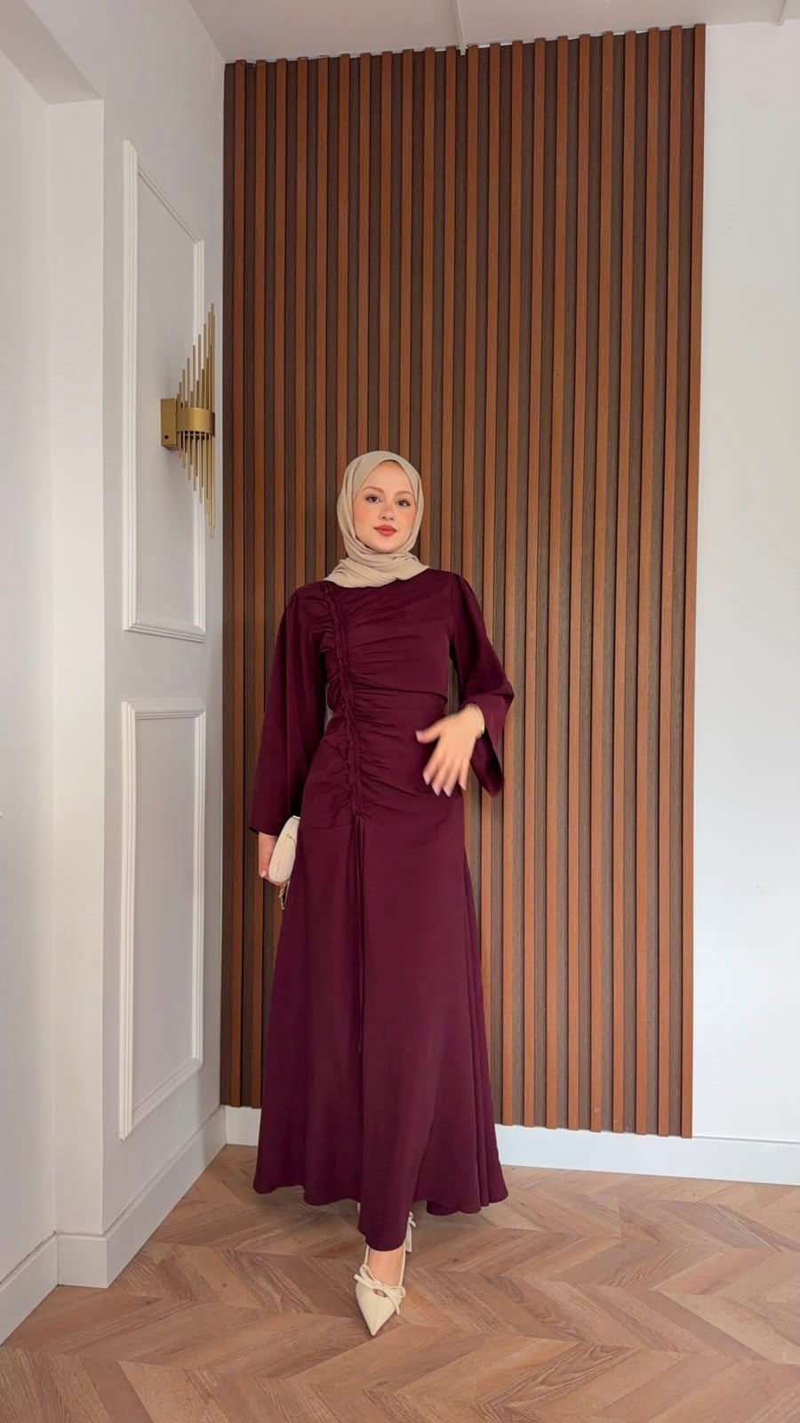 MEYSADESIGN ELBİSELER Selvi Büzgülü Tensel Elbise Bordo