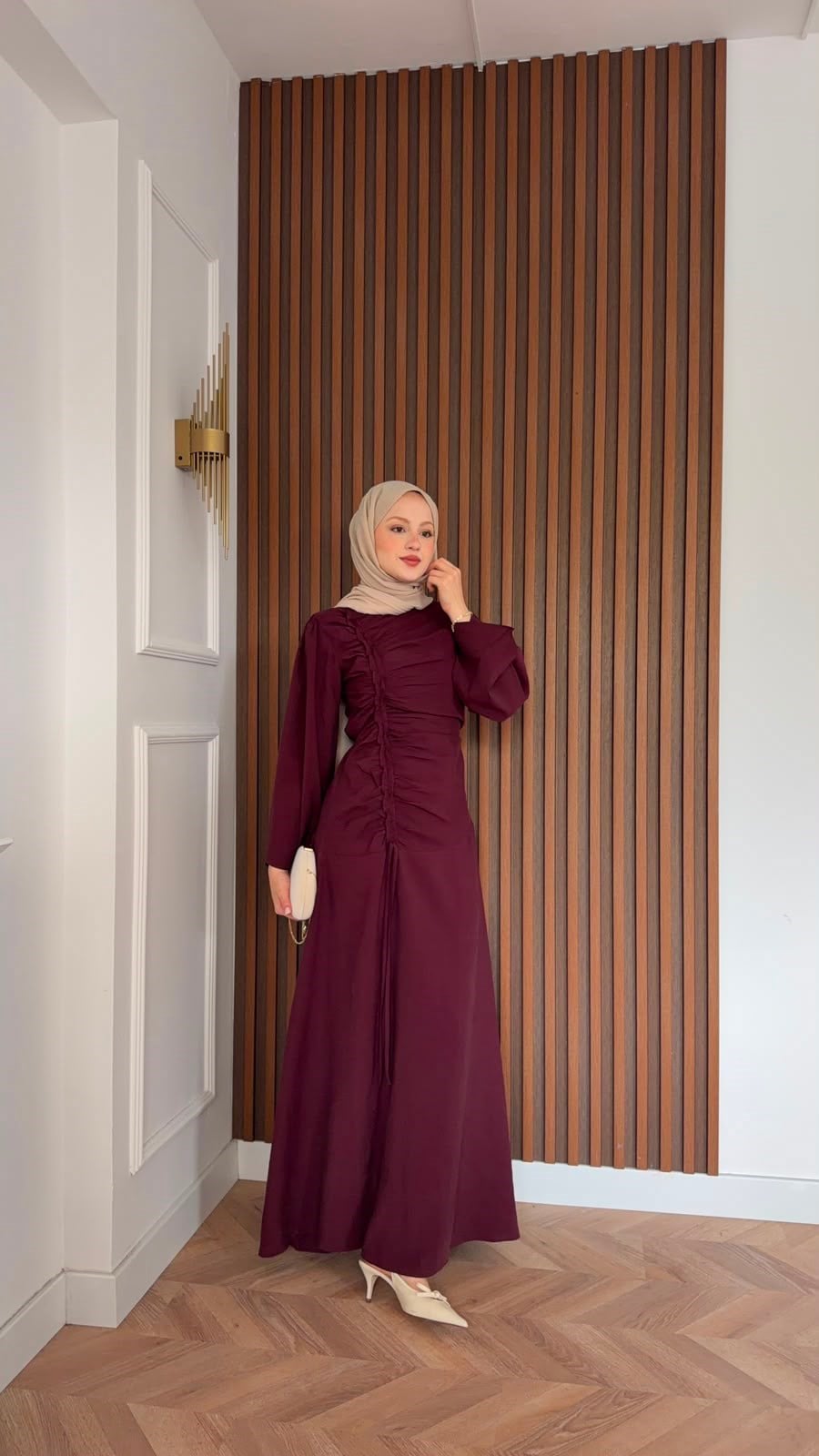 MEYSADESIGN ELBİSELER Selvi Büzgülü Tensel Elbise Bordo