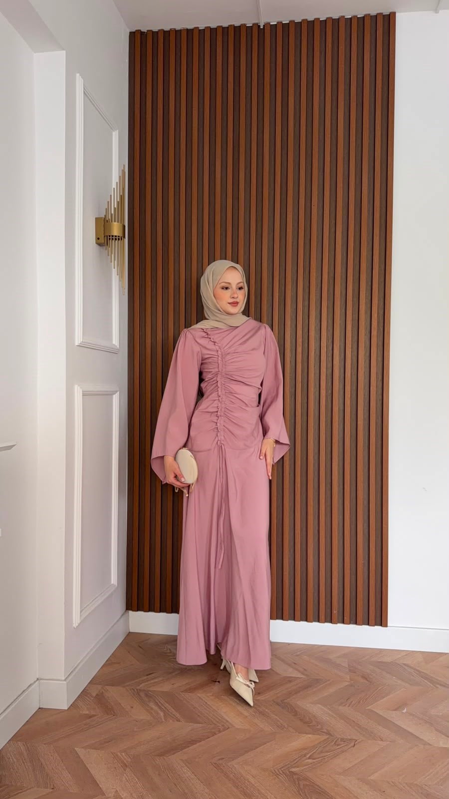 MEYSADESIGN ELBİSELER Selvi Büzgülü Tensel Elbise Gül Kurusu