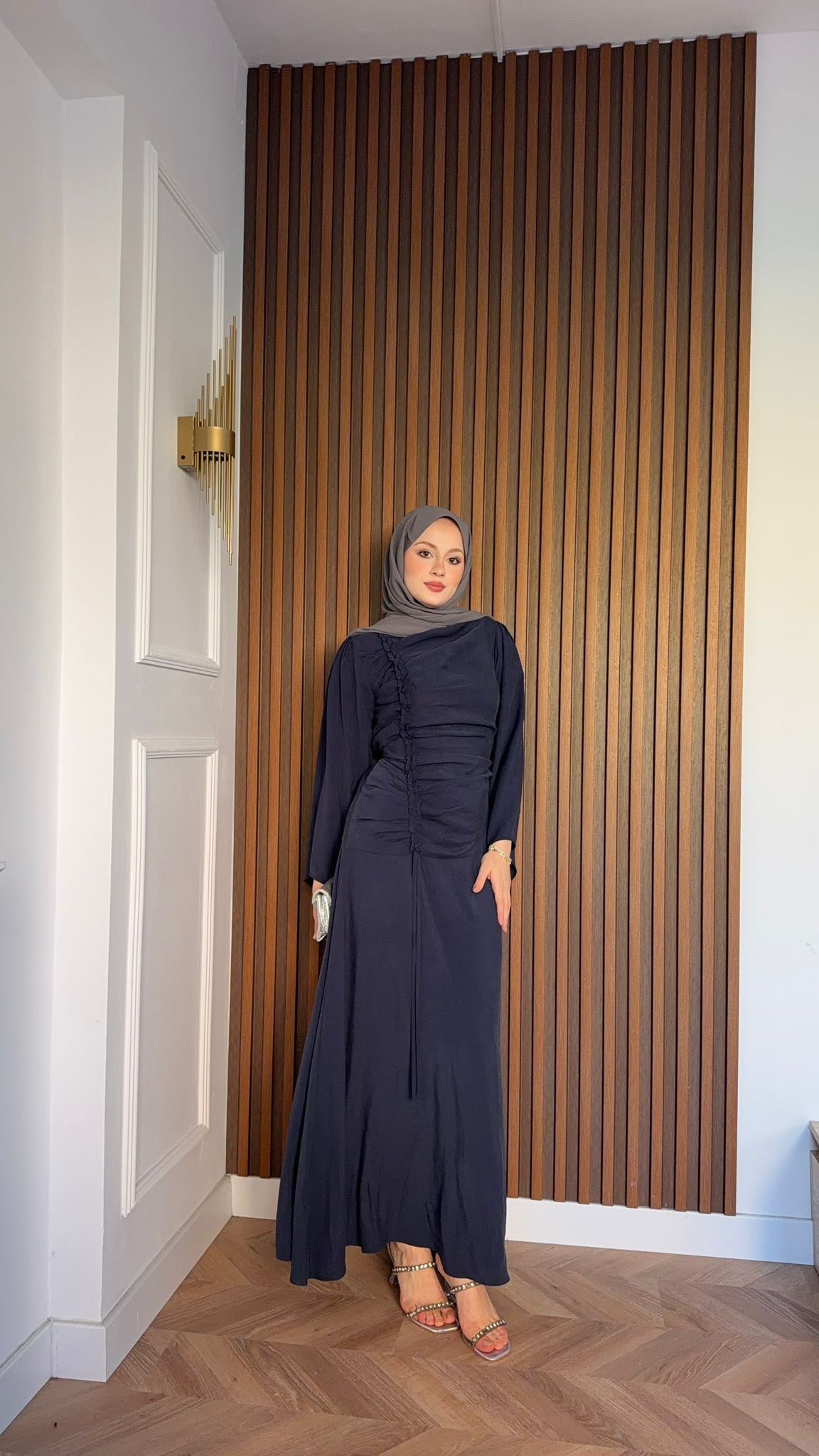 MEYSADESIGN ELBİSELER Selvi Büzgülü Tensel Elbise Lacivert