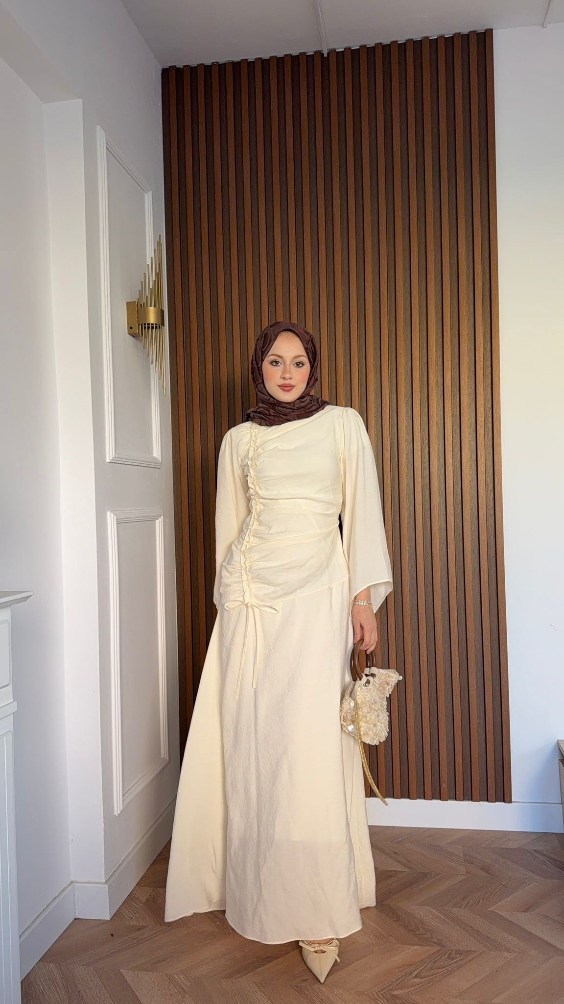 MEYSADESIGN DRESSES Selvi Büzgülü Tensel Elbise Ekru