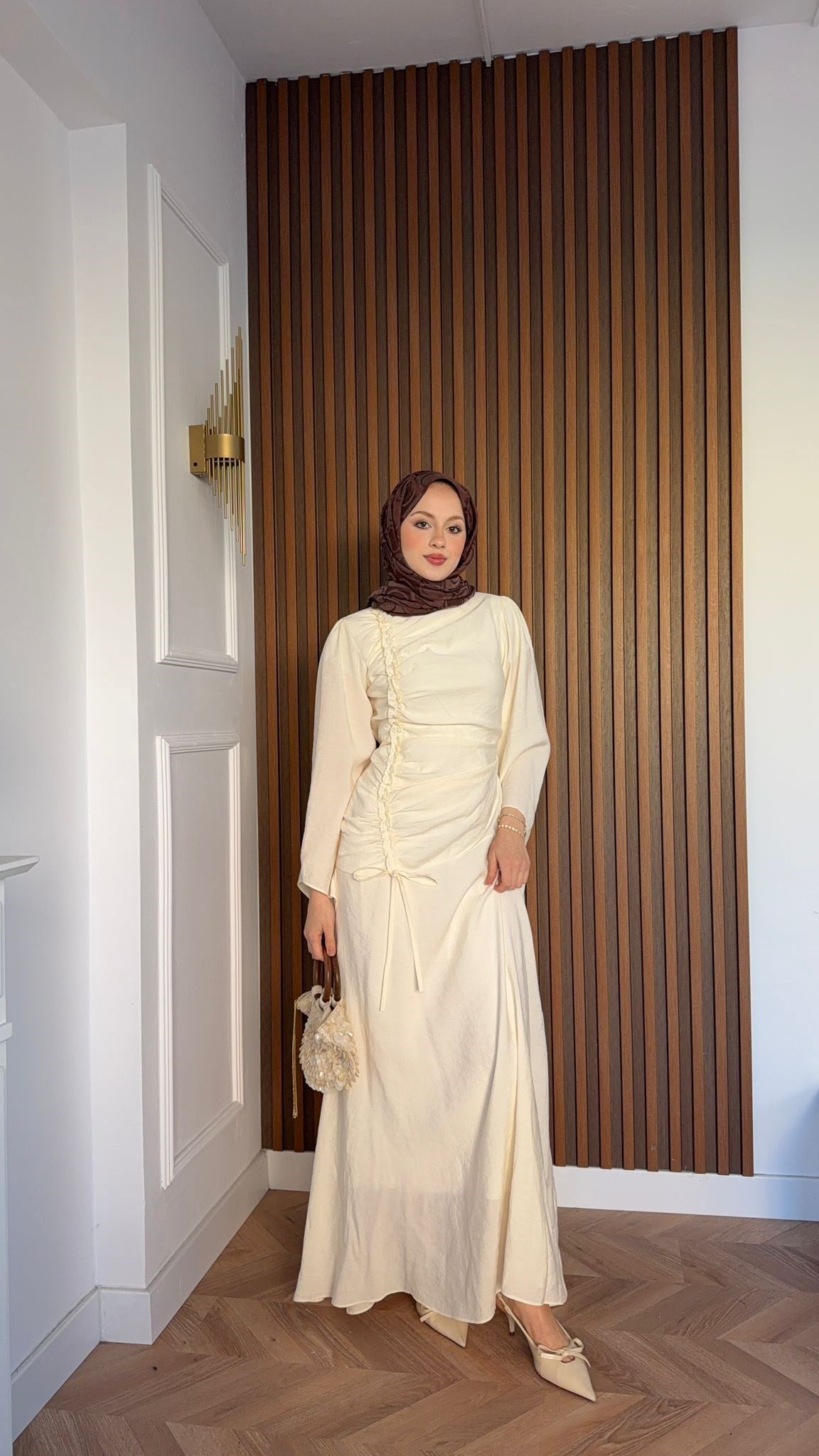 MEYSADESIGN DRESSES Selvi Büzgülü Tensel Elbise Ekru