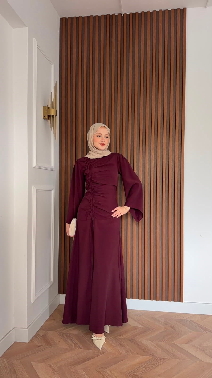 MEYSADESIGN ELBİSELER Selvi Büzgülü Tensel Elbise Bordo