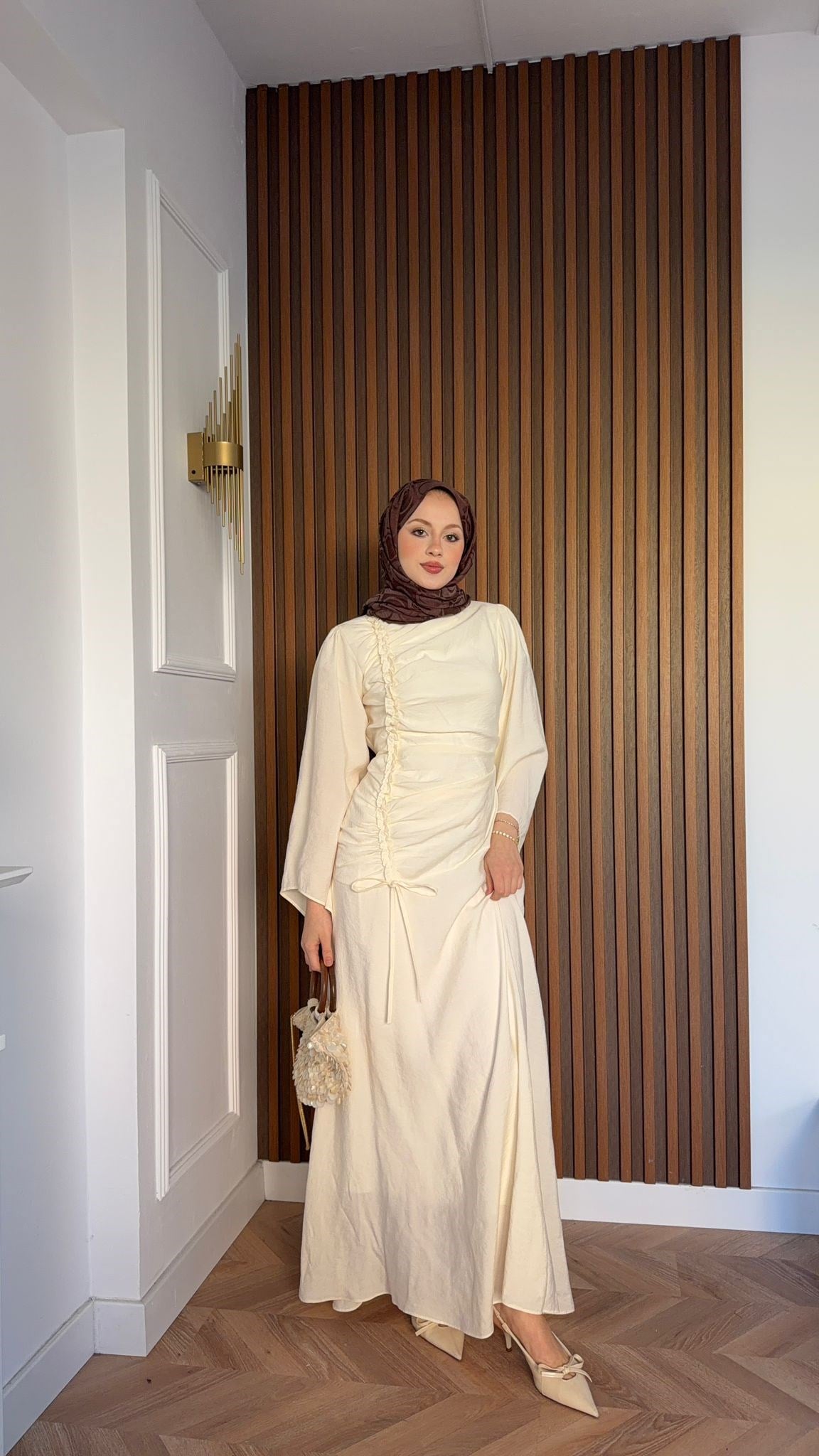 MEYSADESIGN DRESSES Selvi Büzgülü Tensel Elbise Ekru
