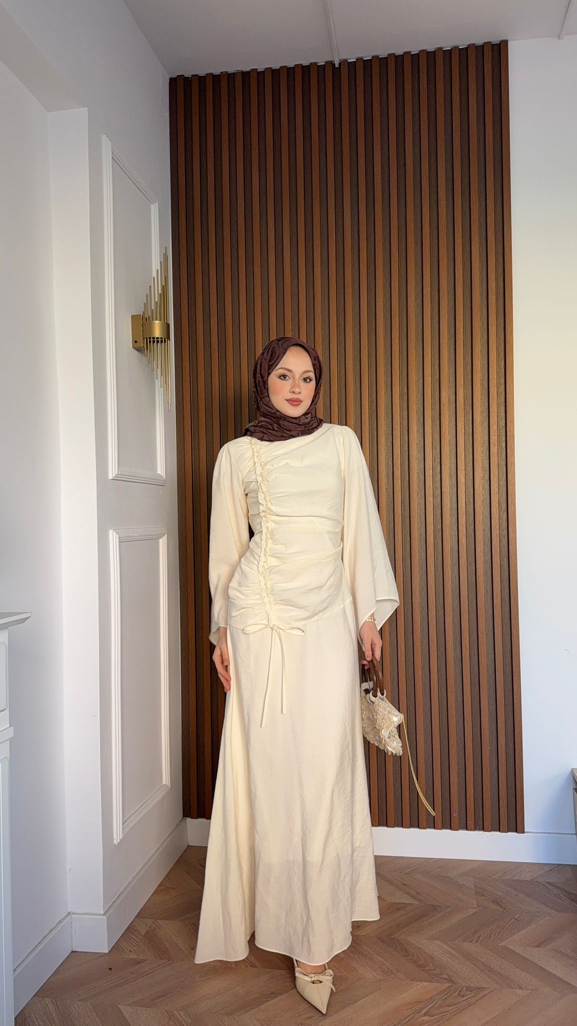MEYSADESIGN DRESSES Selvi Büzgülü Tensel Elbise Ekru