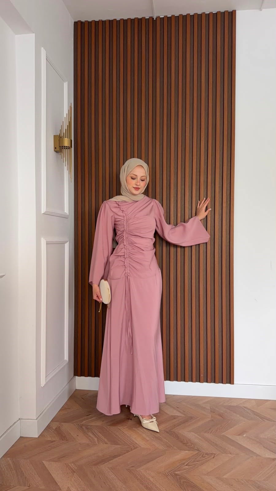 MEYSADESIGN ELBİSELER Selvi Büzgülü Tensel Elbise Gül Kurusu