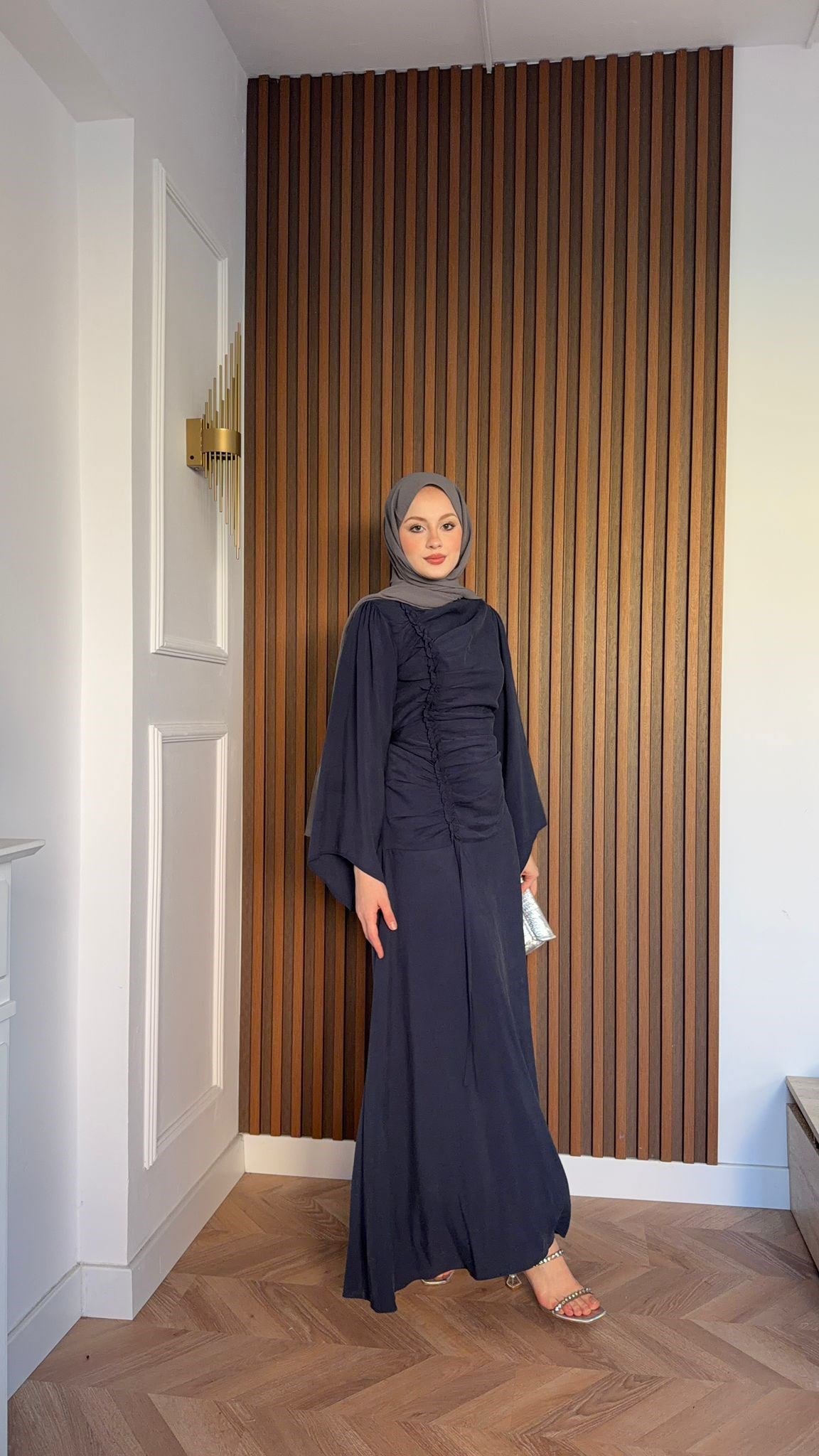 MEYSADESIGN ELBİSELER Selvi Büzgülü Tensel Elbise Lacivert