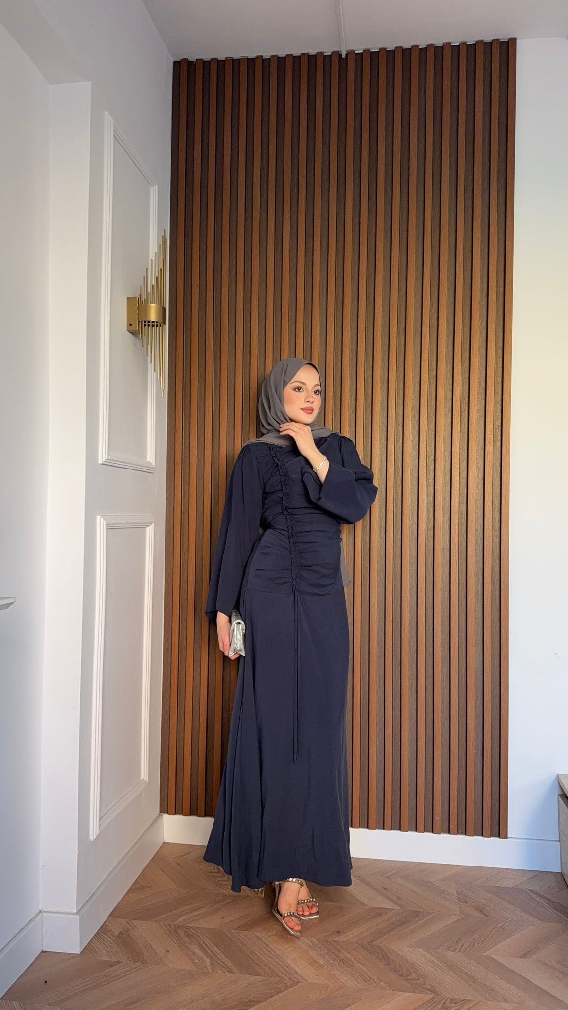 MEYSADESIGN ELBİSELER Selvi Büzgülü Tensel Elbise Lacivert