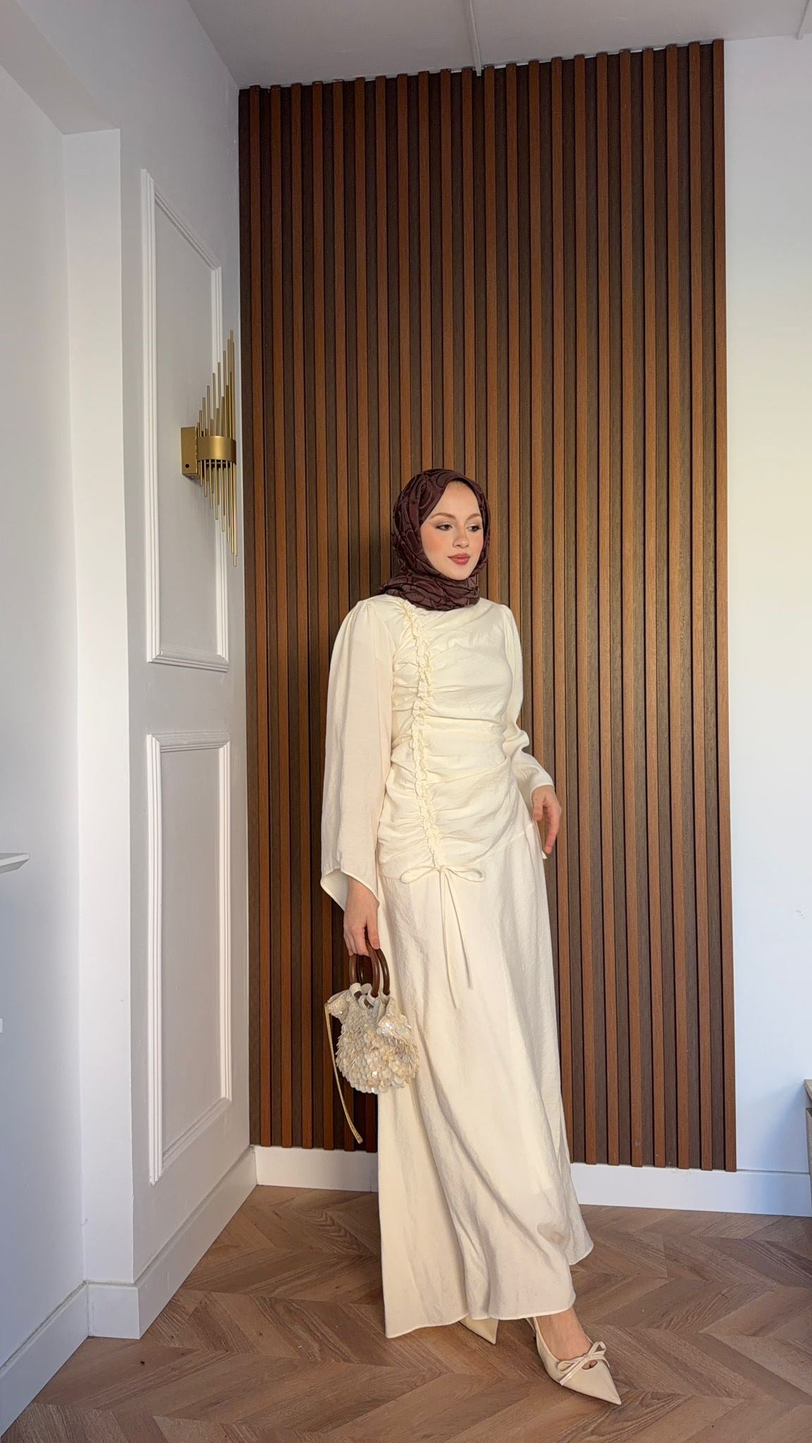 MEYSADESIGN DRESSES Selvi Büzgülü Tensel Elbise Ekru