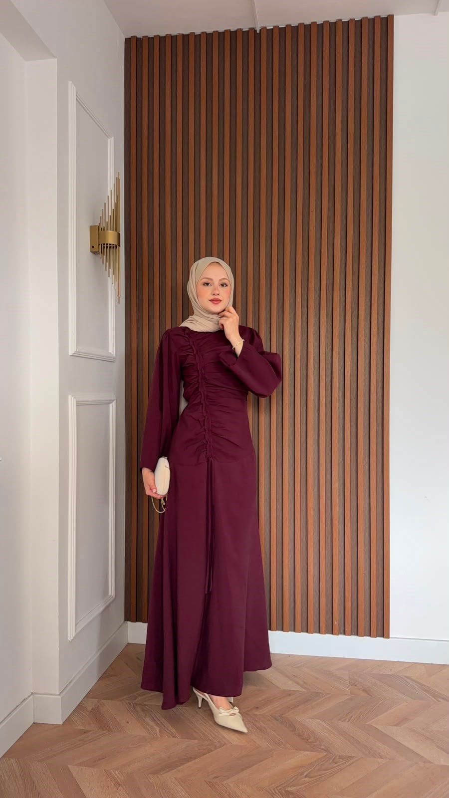 MEYSADESIGN ELBİSELER Selvi Büzgülü Tensel Elbise Bordo