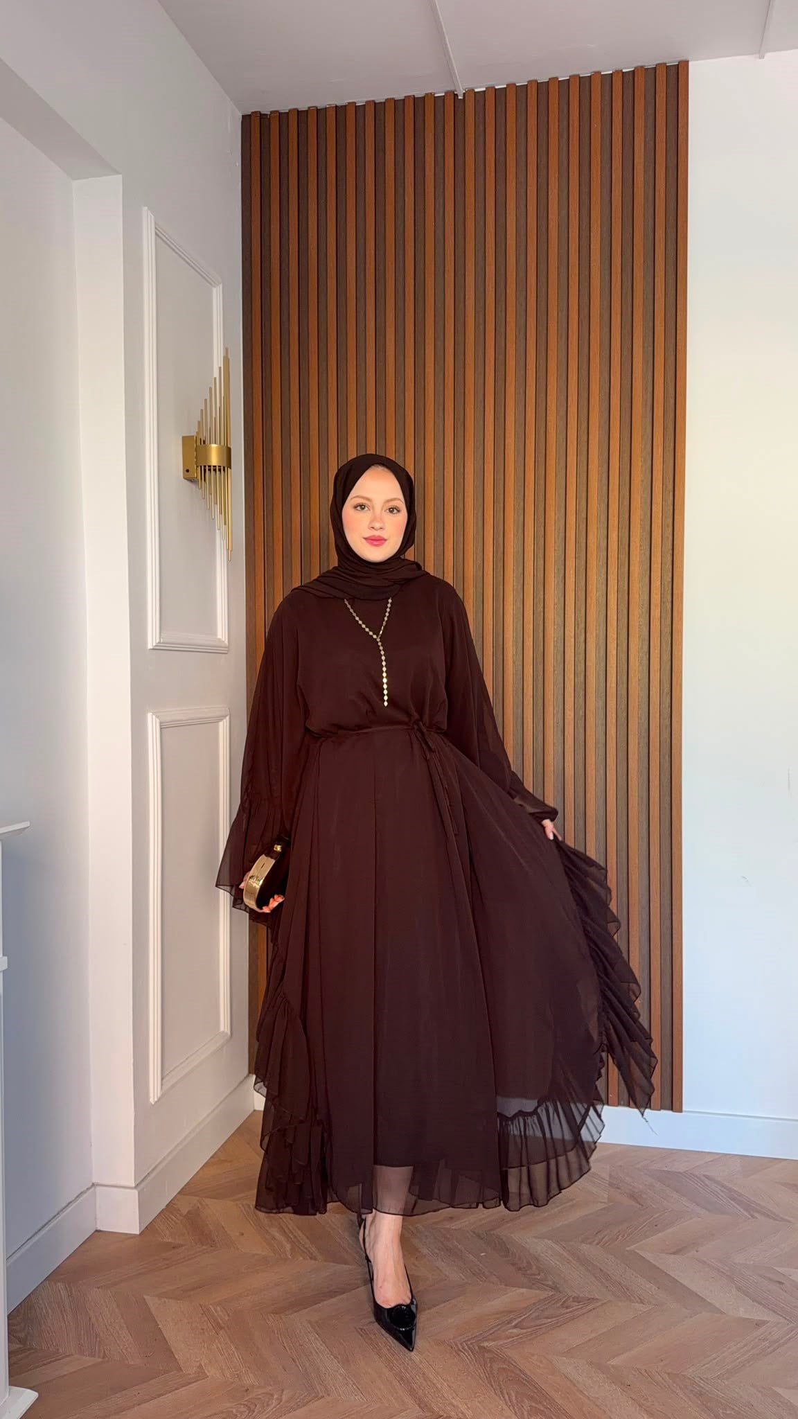 MEYSADESIGN ELBİSELER Şifon Katkat Abaya Kahve