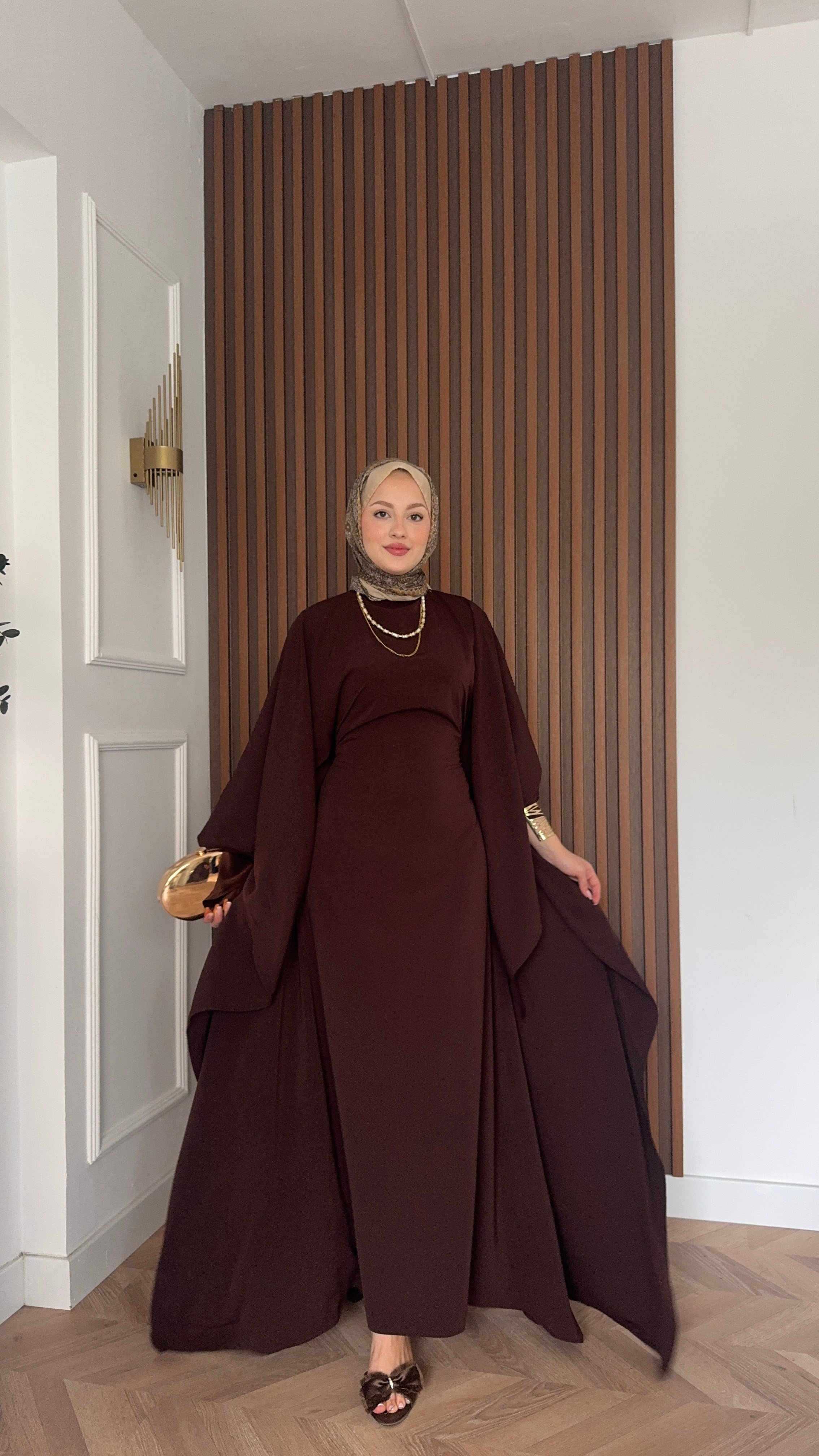 MEYSADESIGN ELBİSELER Sisi Yarasa Kol Abaya Acı Kahve 