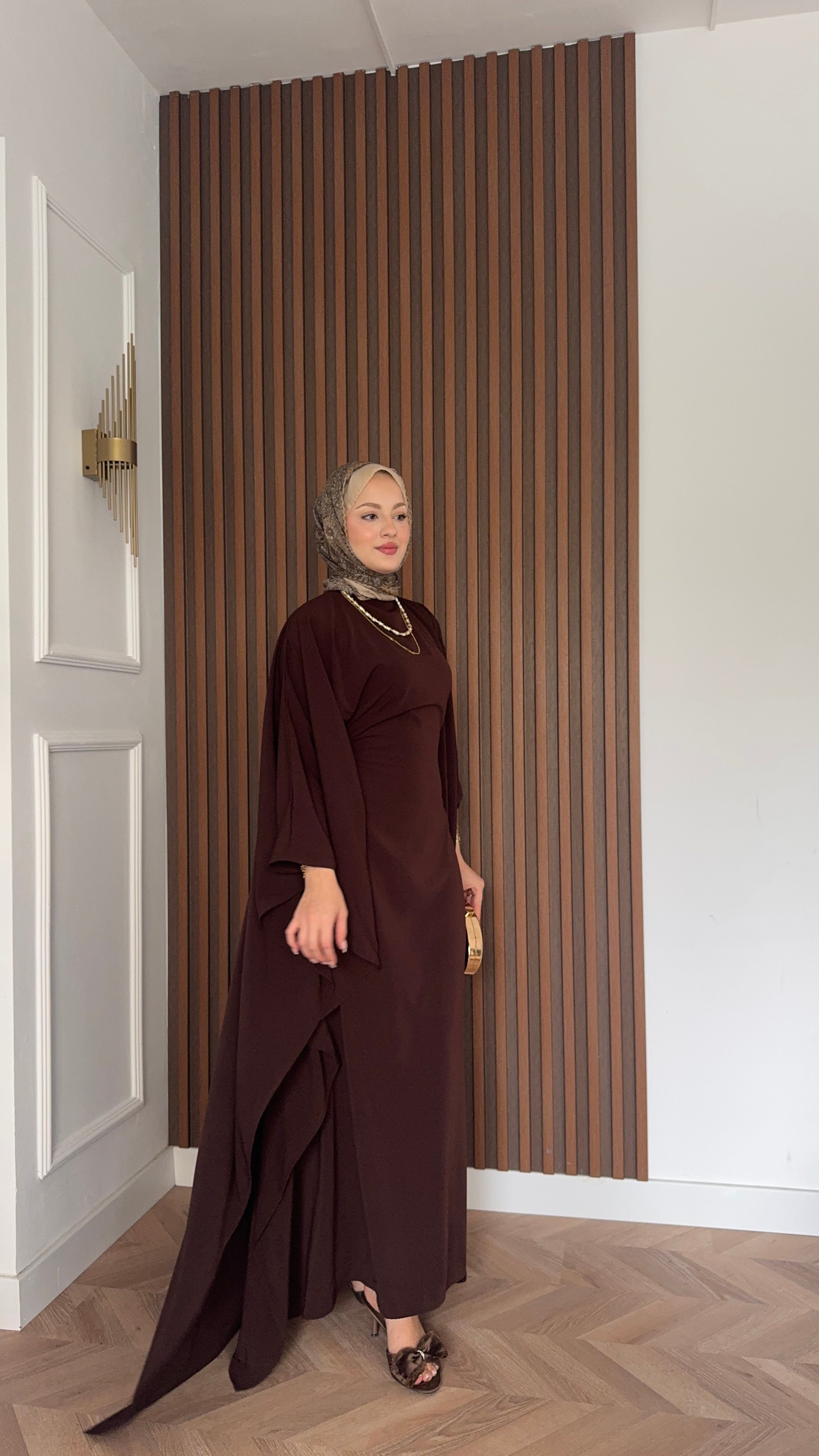 MEYSADESIGN ELBİSELER Sisi Yarasa Kol Abaya Acı Kahve 