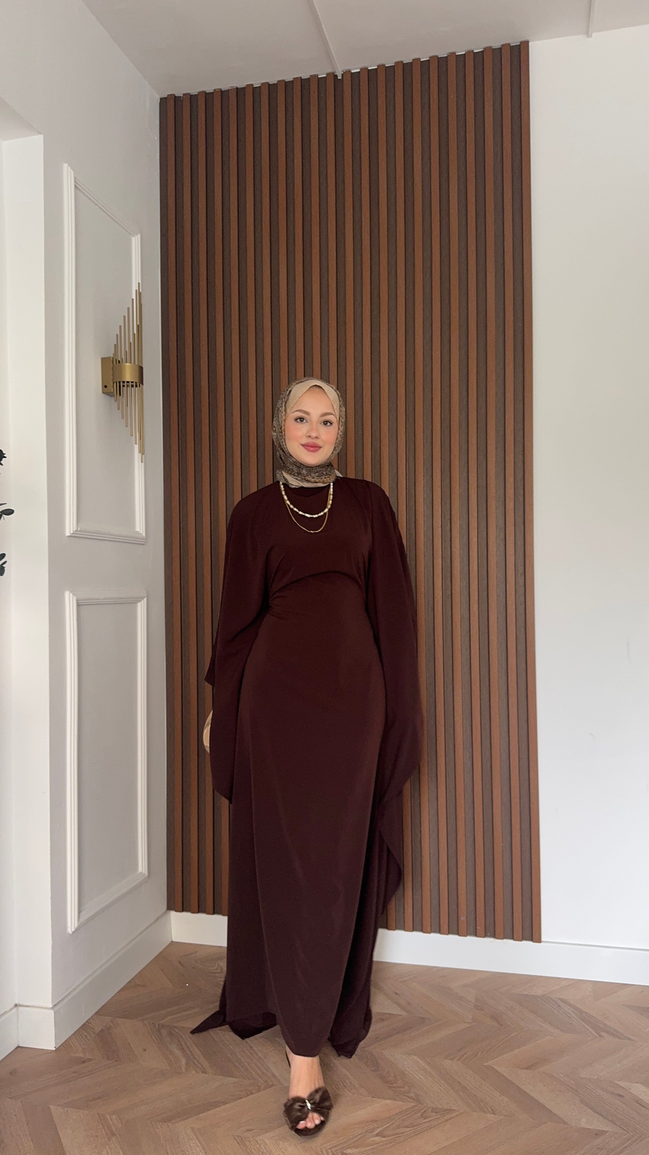 MEYSADESIGN ELBİSELER Sisi Yarasa Kol Abaya Acı Kahve 