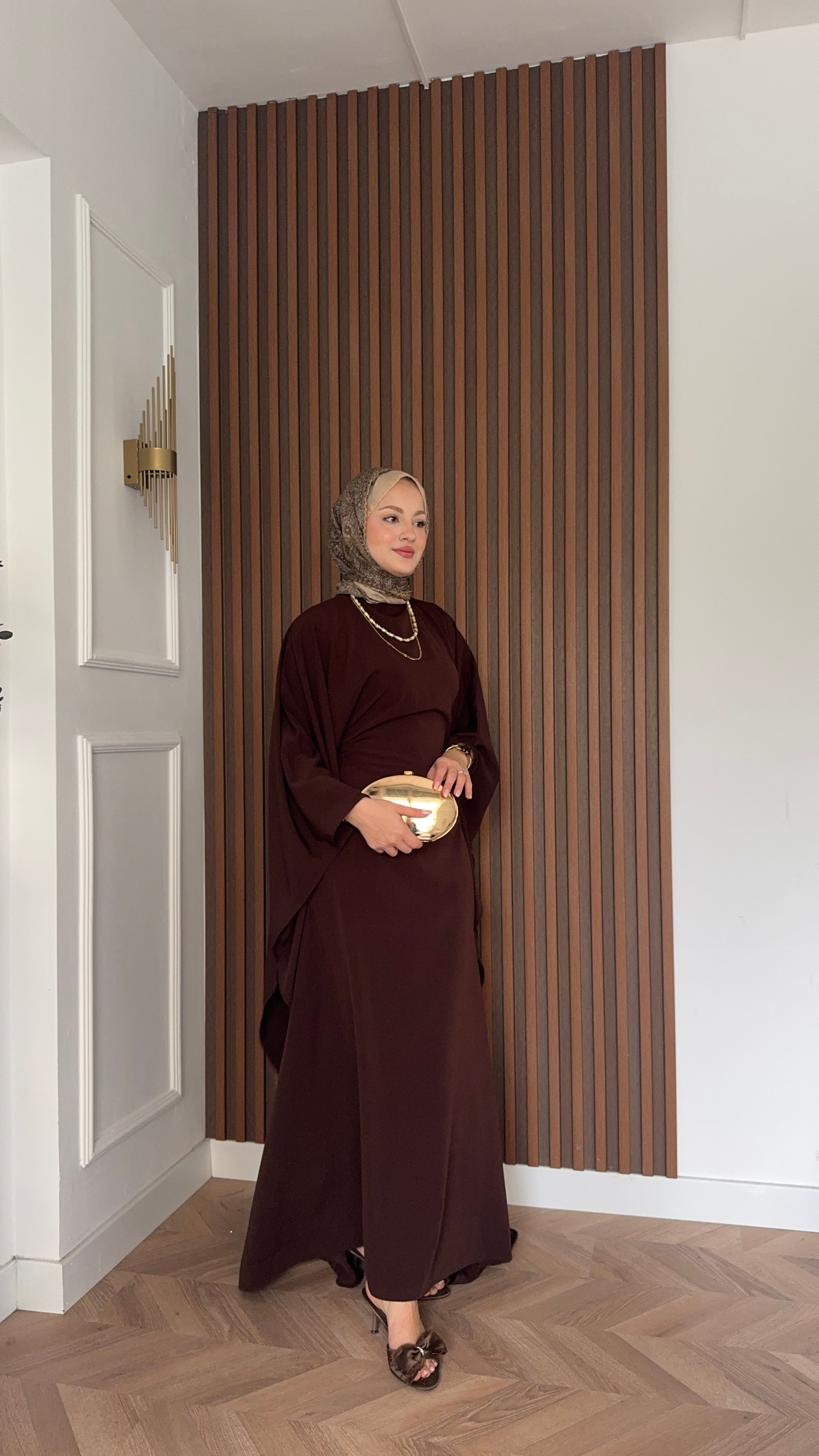 MEYSADESIGN ELBİSELER Sisi Yarasa Kol Abaya Acı Kahve 
