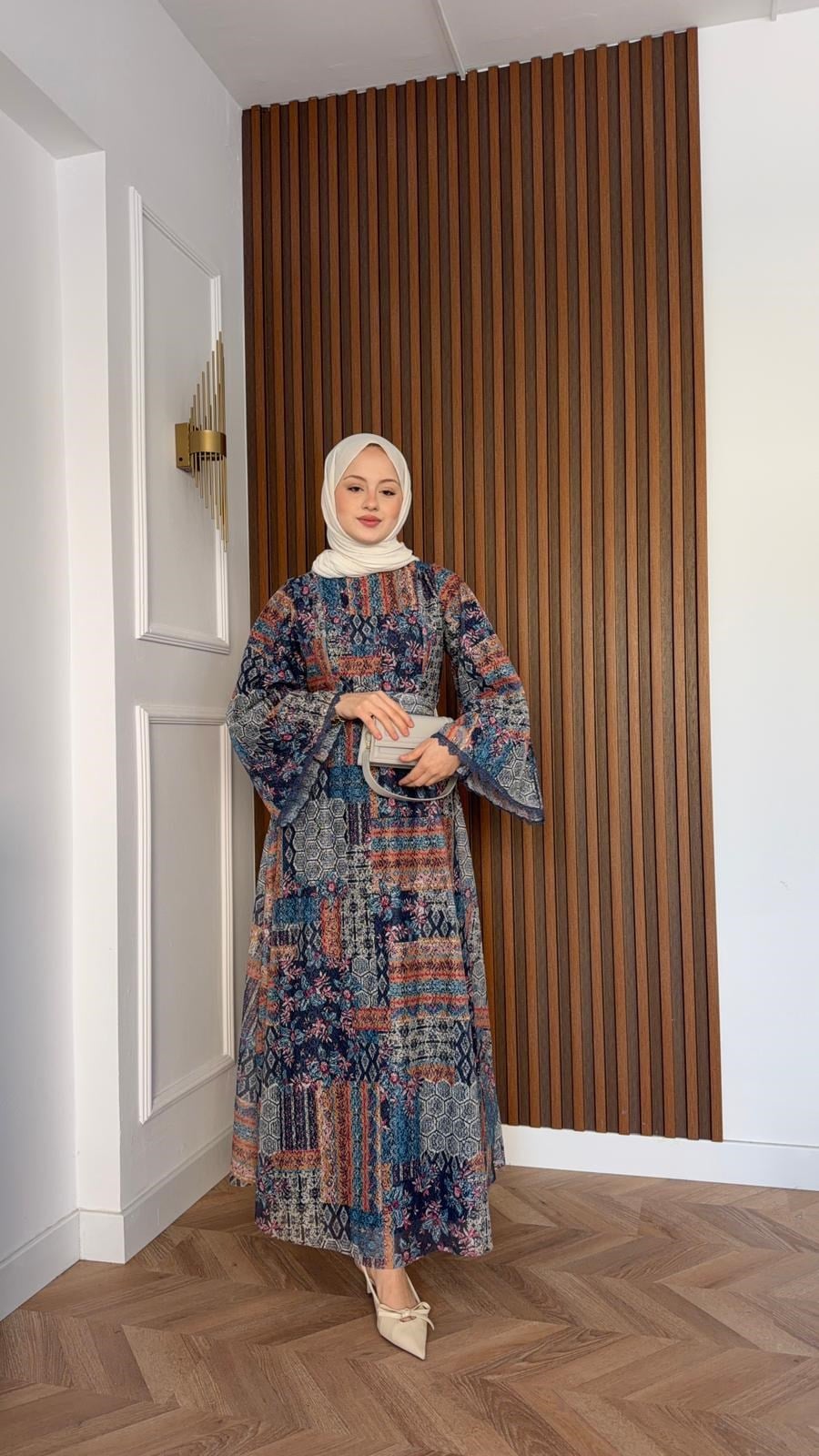 MEYSADESIGN ELBİSELER Sofa Desenli Güpür Elbise Lacivert